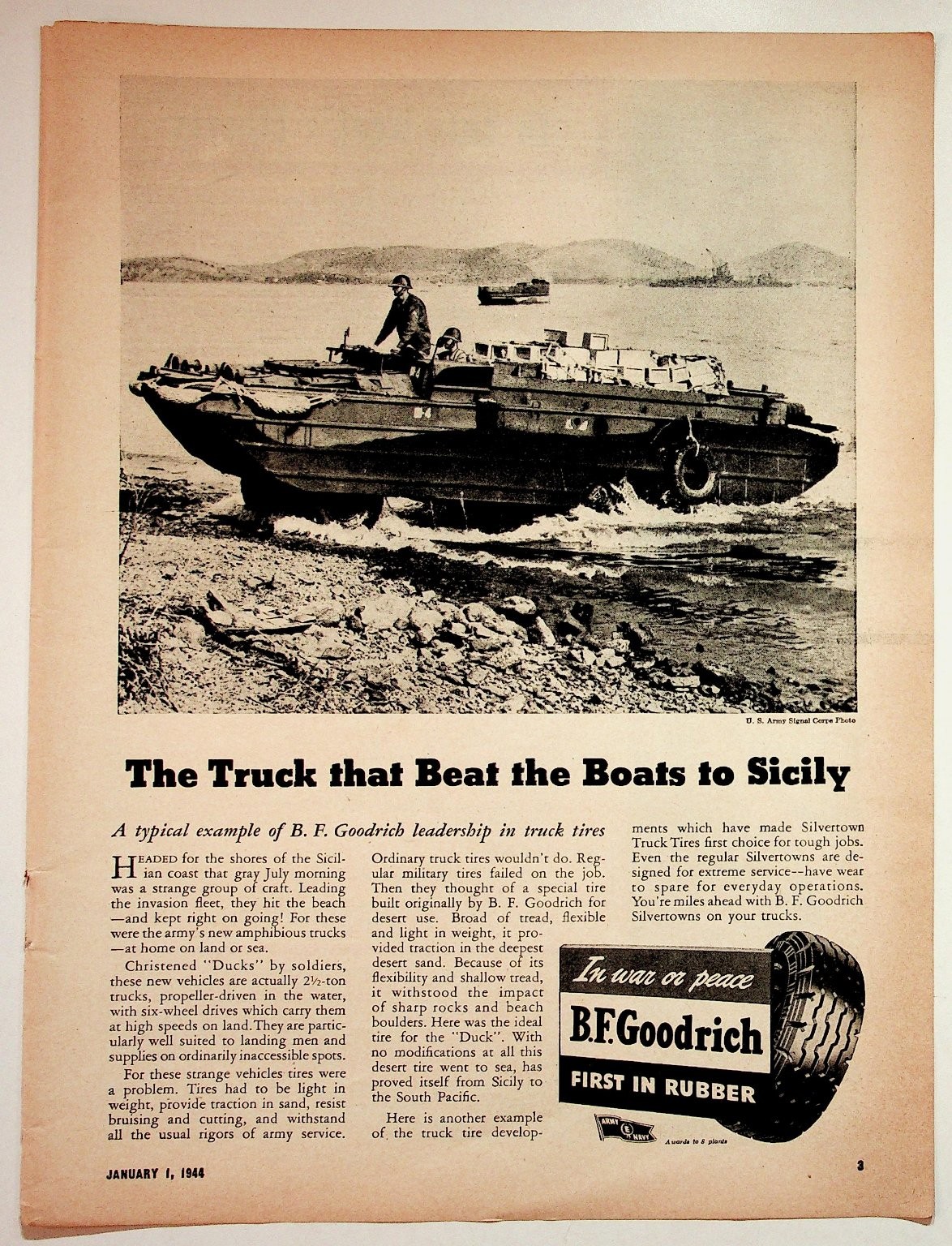 BFGoodrich WWII DUKW Amphibious Truck Military Tires 1944 Vintage Magazine Ad