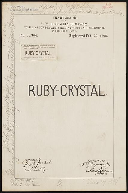 Photo:Ruby-Crystal Trademark F.W. Gesswein Company 1898 Polishing Powder
