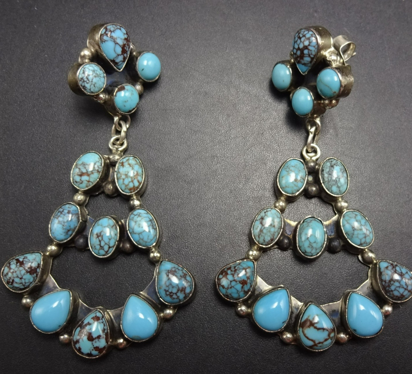 JOSEPH BAILLON Kewa TURQUOISE Sterling Silver EARRINGS Cluster Dangle Chandelier