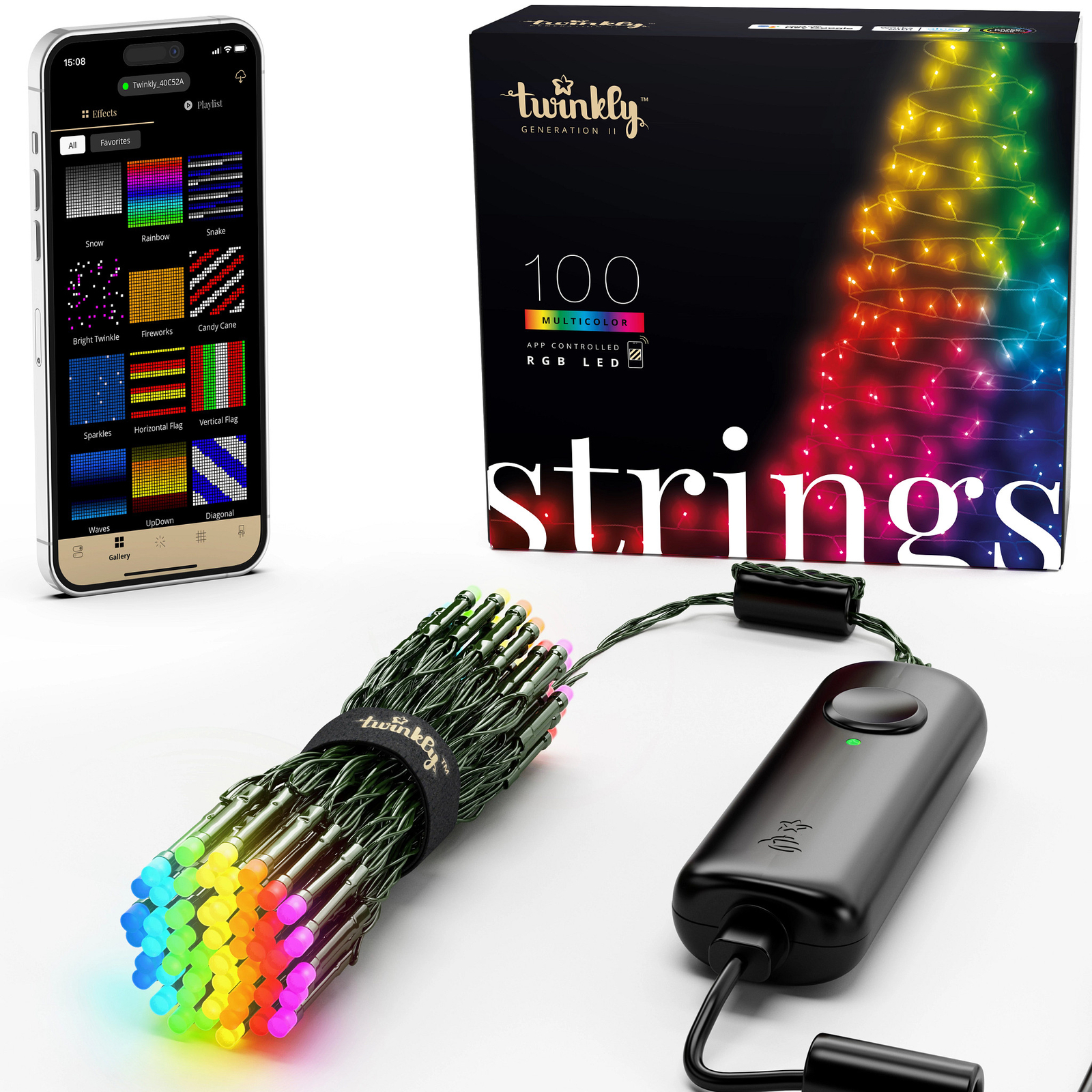 Twinkly Strings Green Wire Christmas Lights, Multicolor, 100 RGB LED, 26.2ft Twinkly Strings Green Wire Christmas Lights, Multicolor, 100 RGB LED, 26.2ft