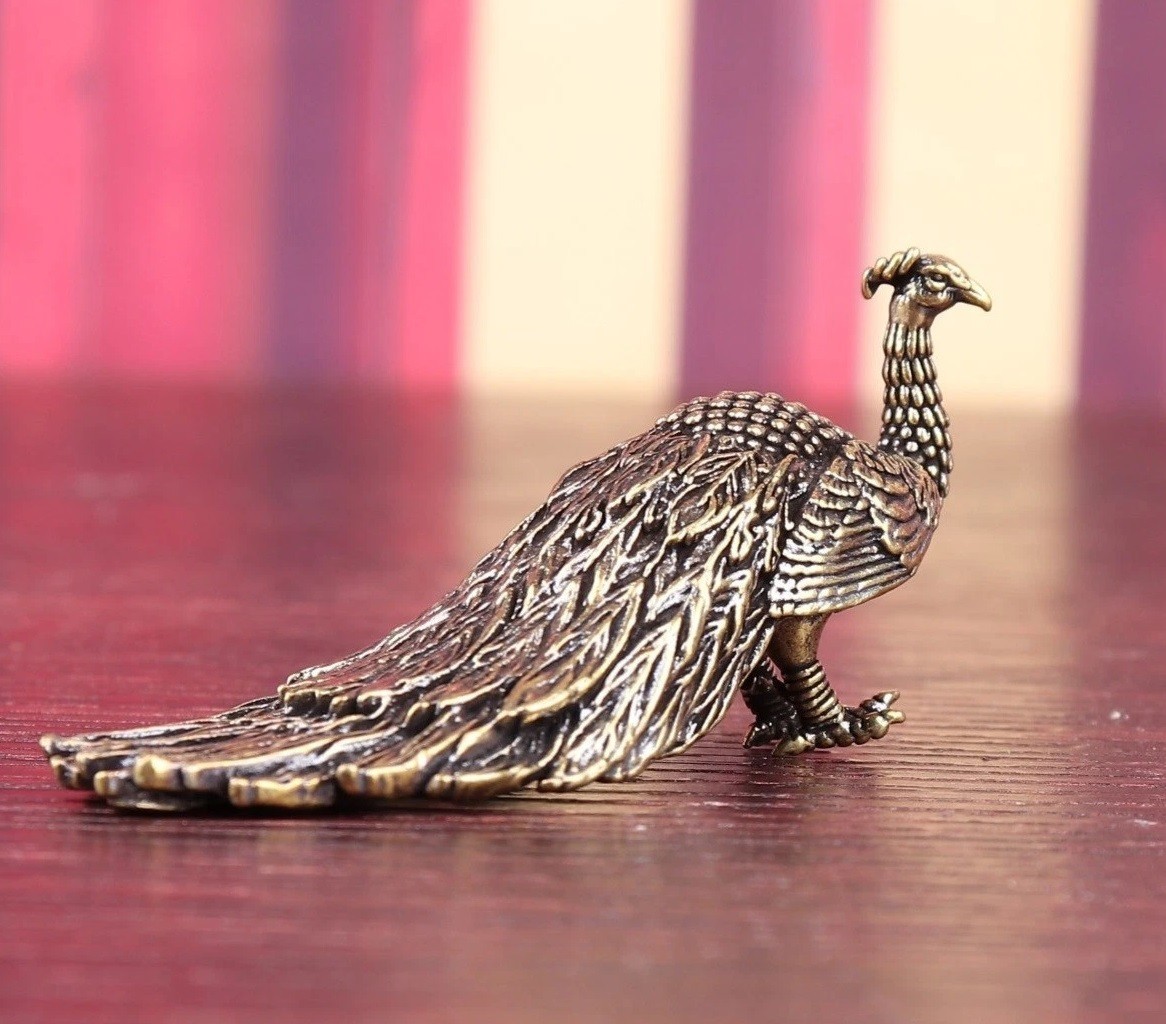 Brass Copper Peacock Bird Animal Figurine Mini Statue Table Home Decoration Toy