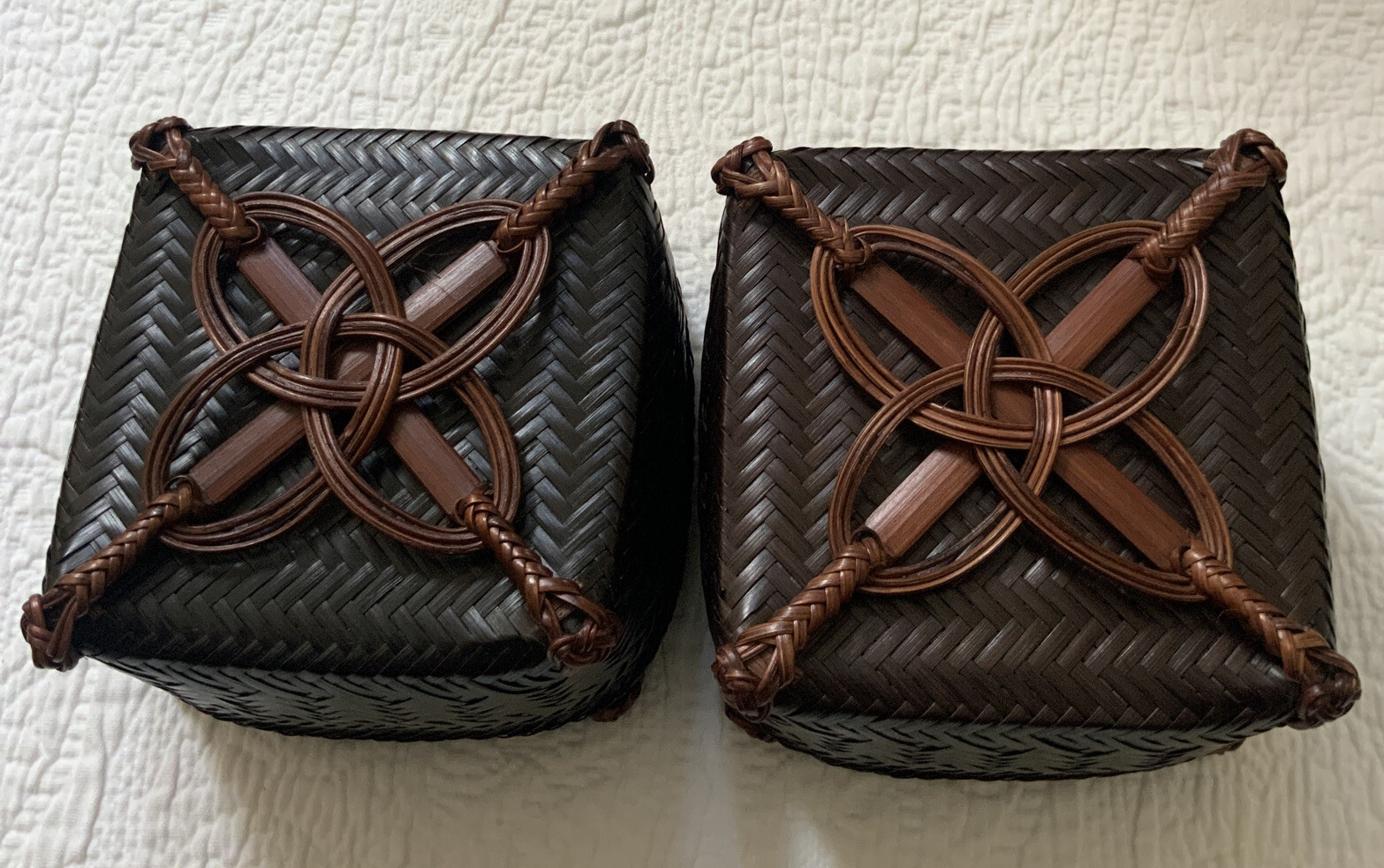 Bamboo Set Of 2 Lidded Small Box Artist Hand Woven Sop Moei Arts 5” Brown
