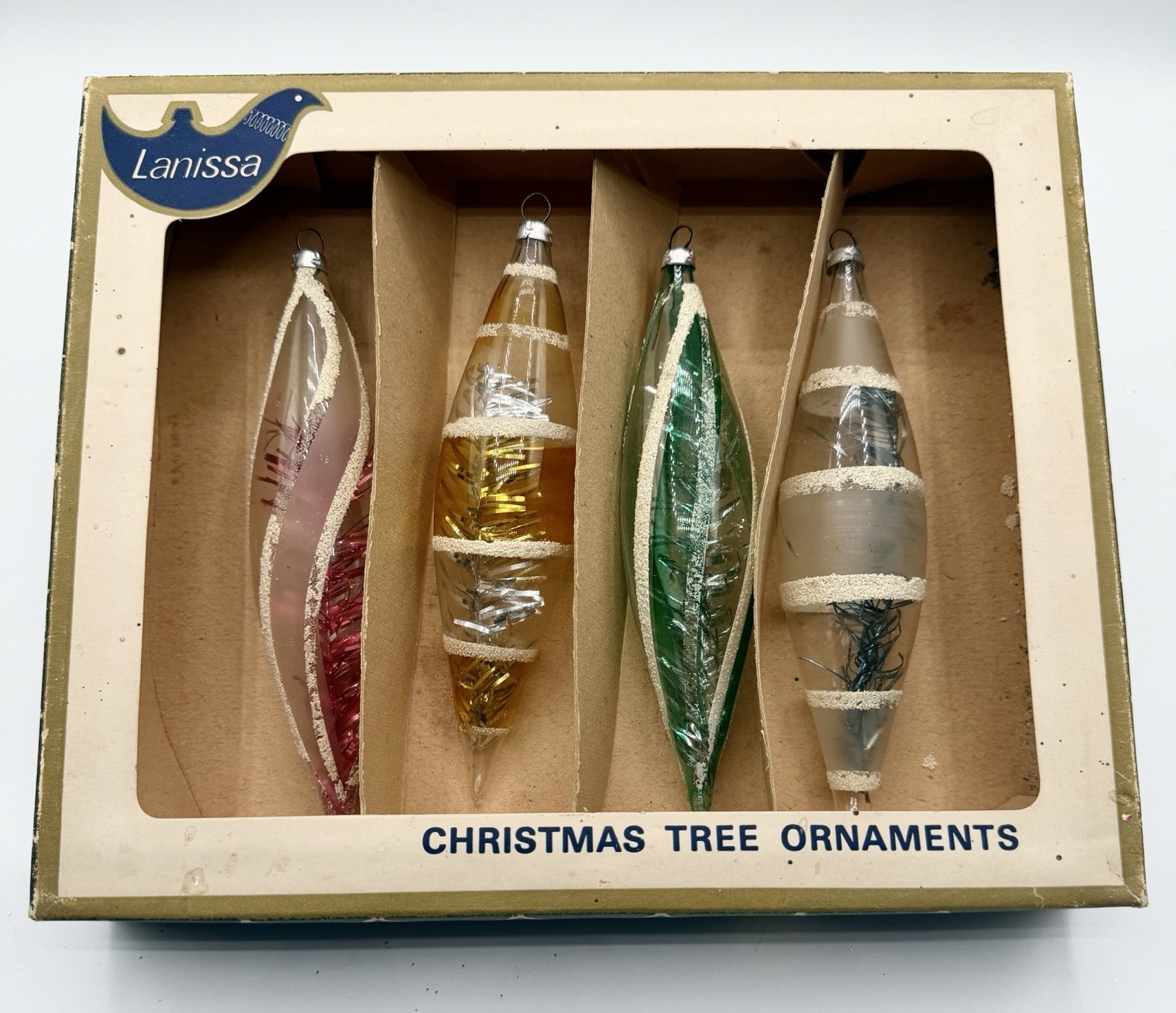 Vintage Lanissa West German 6” Glass Icicle Drop Tinsel Christmas Ornament Set 4