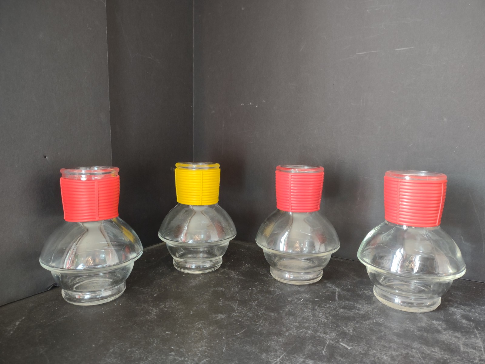 Vintage Hottle Carafe Clear Glass x 4 NO Lid Glasbake Red Yellow (lot 5314)
