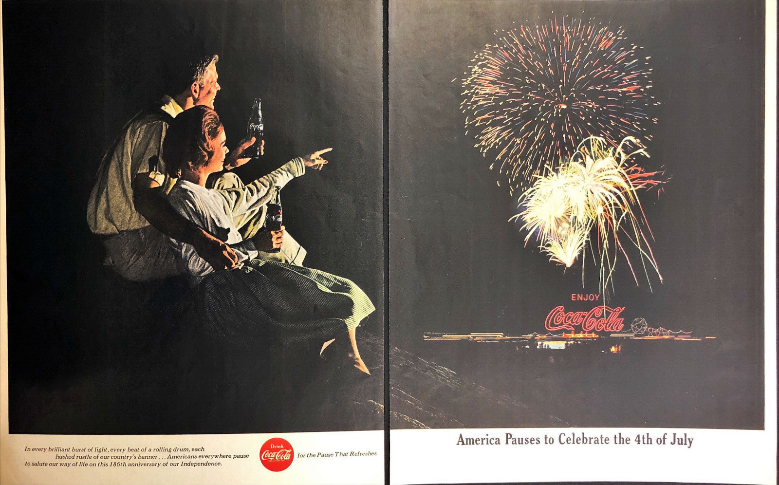 1962 Coca Cola Soft Drink Fourth of July Fire Works Couple Vintage Print Ad