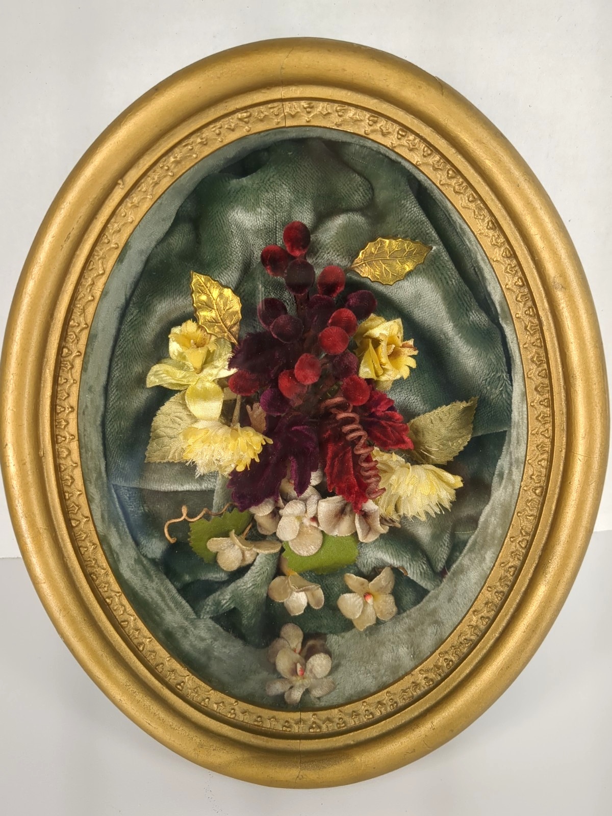 Vintage Fabric Flowers Floral Art Gold Oval Frame Flat Glass Hanging Victorian