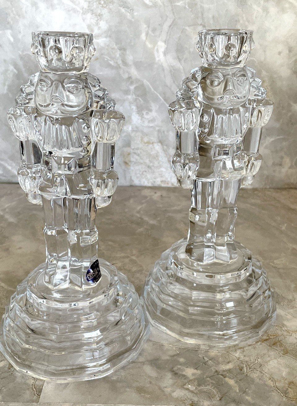 VTG U.S.A. Pair of  Nutcracker Taper Candlestick Holders Lead Crystal Cut Glass