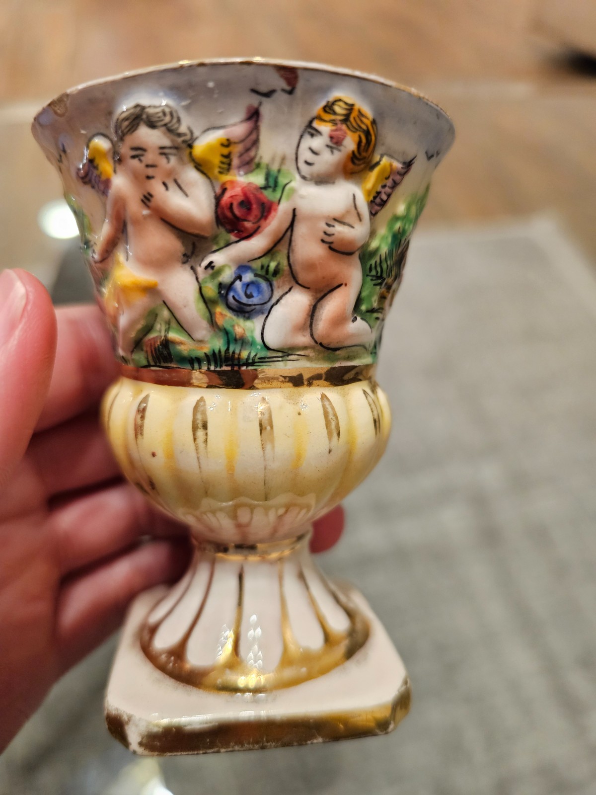 Vintage Italian Capodimonte Style Porcelain Pedestal Vase - Cherub Relief & Gold