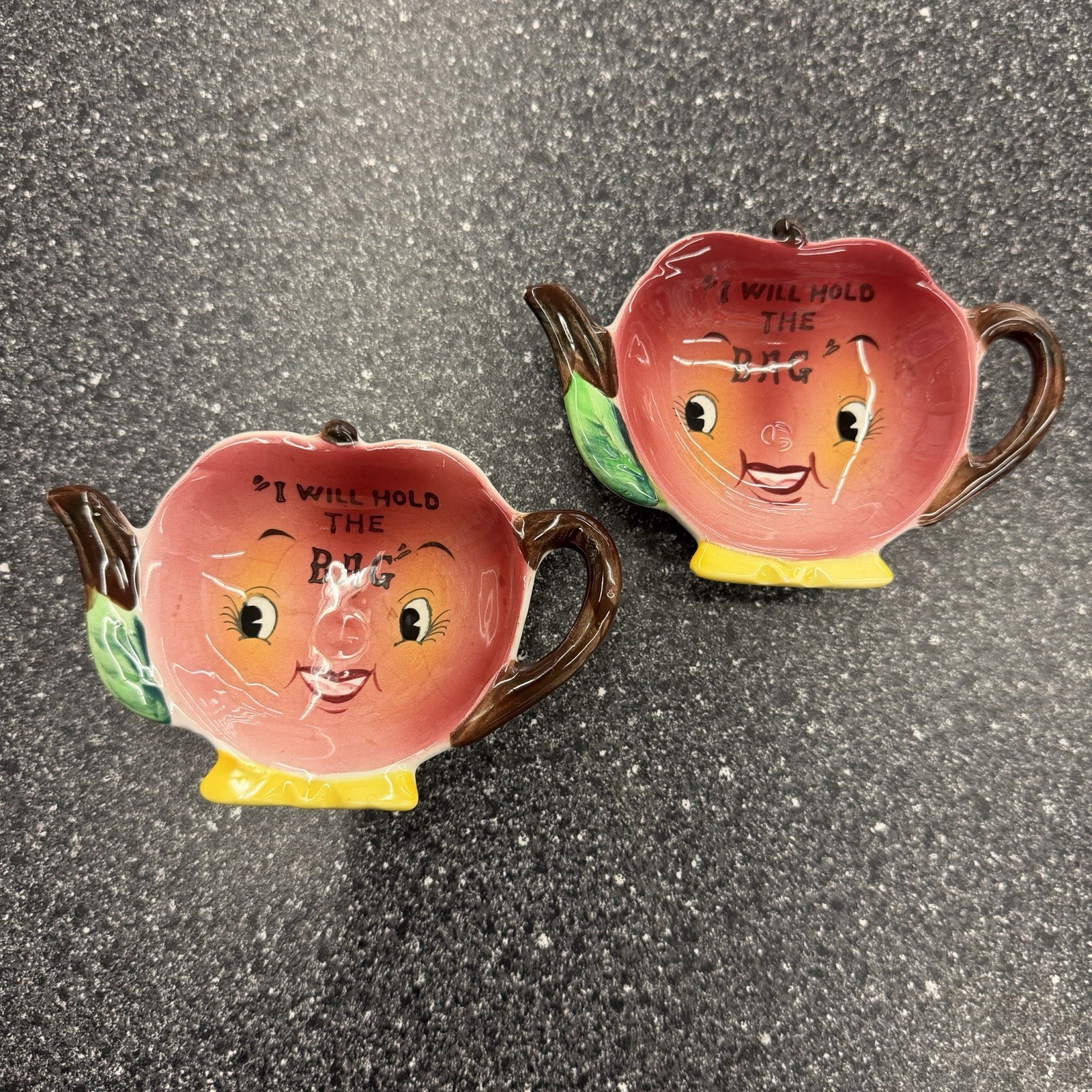 VTG PY Japan 2pc Teabag Holders Red Apple Face Anthropomorphic Kitsch Big Eyes