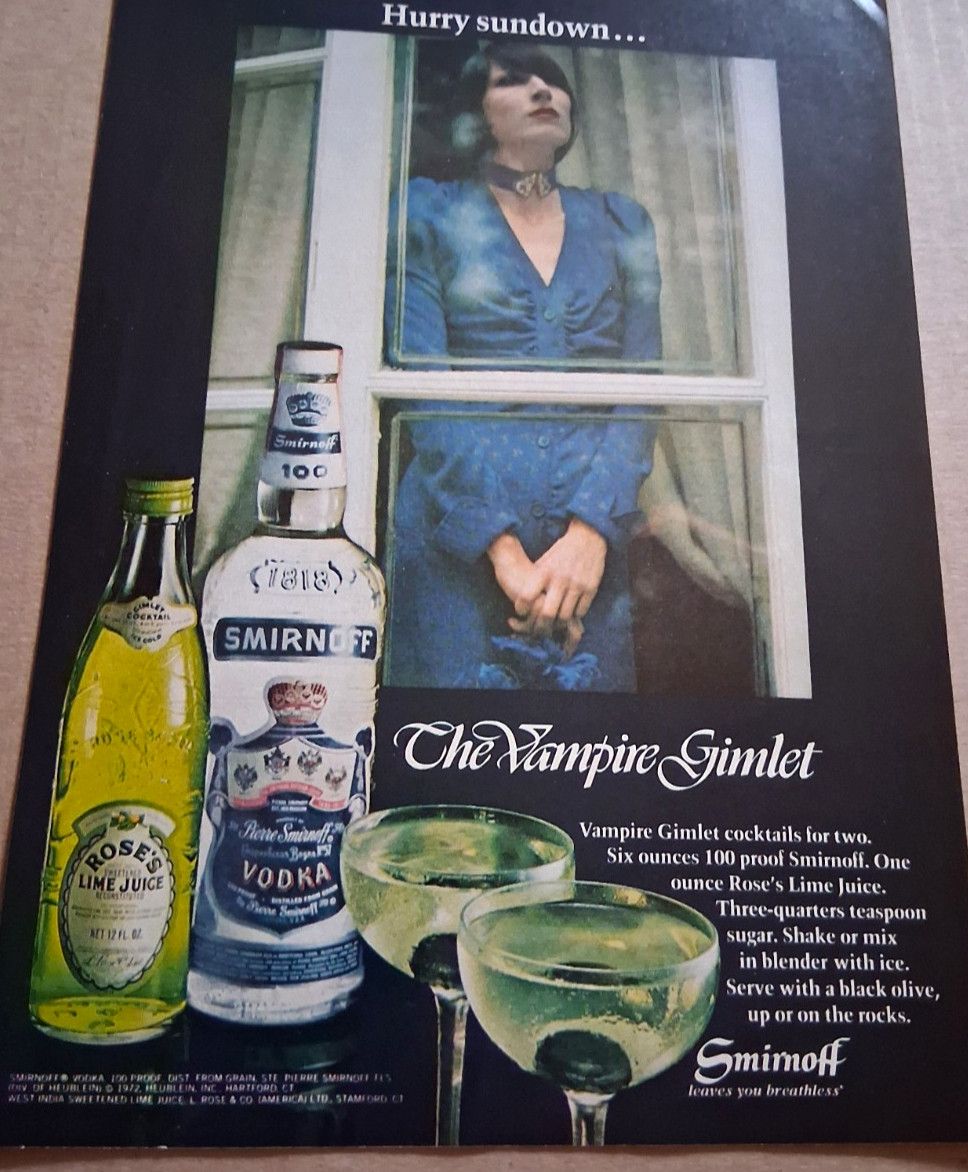1972 print ad - VAMPIRE Gimlet Smirnoff Vodka Rose's Lime GIRL advertising page