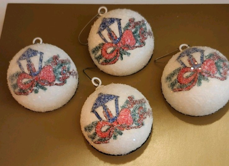 Vintage Set of 3 PYRAMID Sugar Sparkle Frosted Holly/Candles Christmas Ornaments