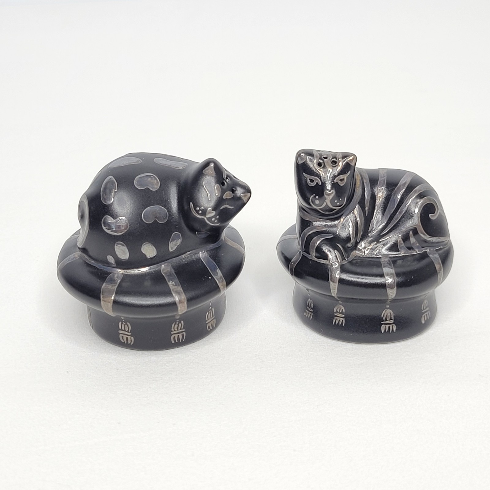 Vintage Emilia Castillo Ceramic with Silver Overlay Cat Salt and Pepper Shakers