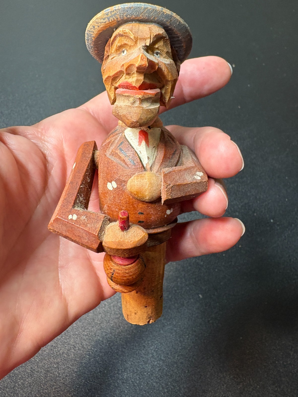 Vintage Hand Carved Wooden Mechanical Bottle Stopper Man Drinking