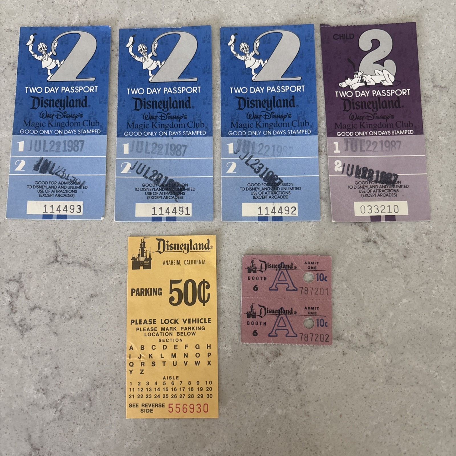 4-Vintage 1987 Disneyland Two Day Passports, Parking Pass 10 C Ticket Stubs 4-Vintage 1987 Disneyland Two Day Passports, Parking Pass 10 C Ticket Stubs