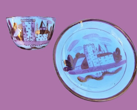Antique 1830s Staffordshire Pink Lustre Tea Cup & Saucer-Rare Castle Pattern