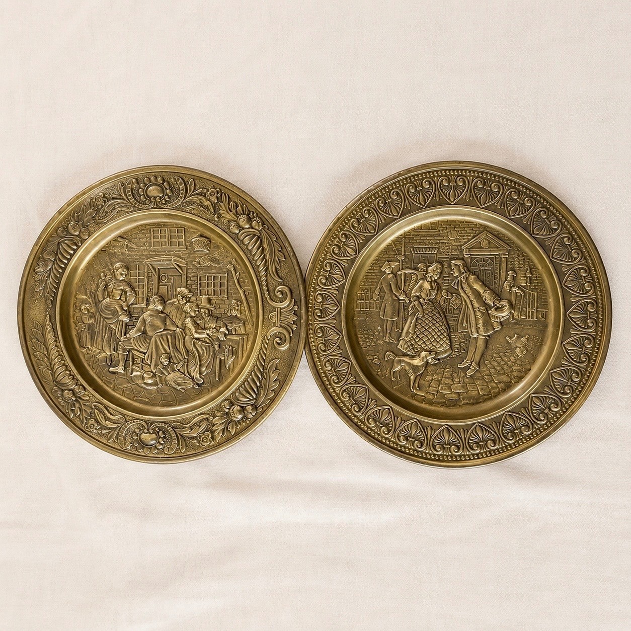 Vintage Peerage Brass Wall Plates Set of 2 England Embossed Tavern Scenes