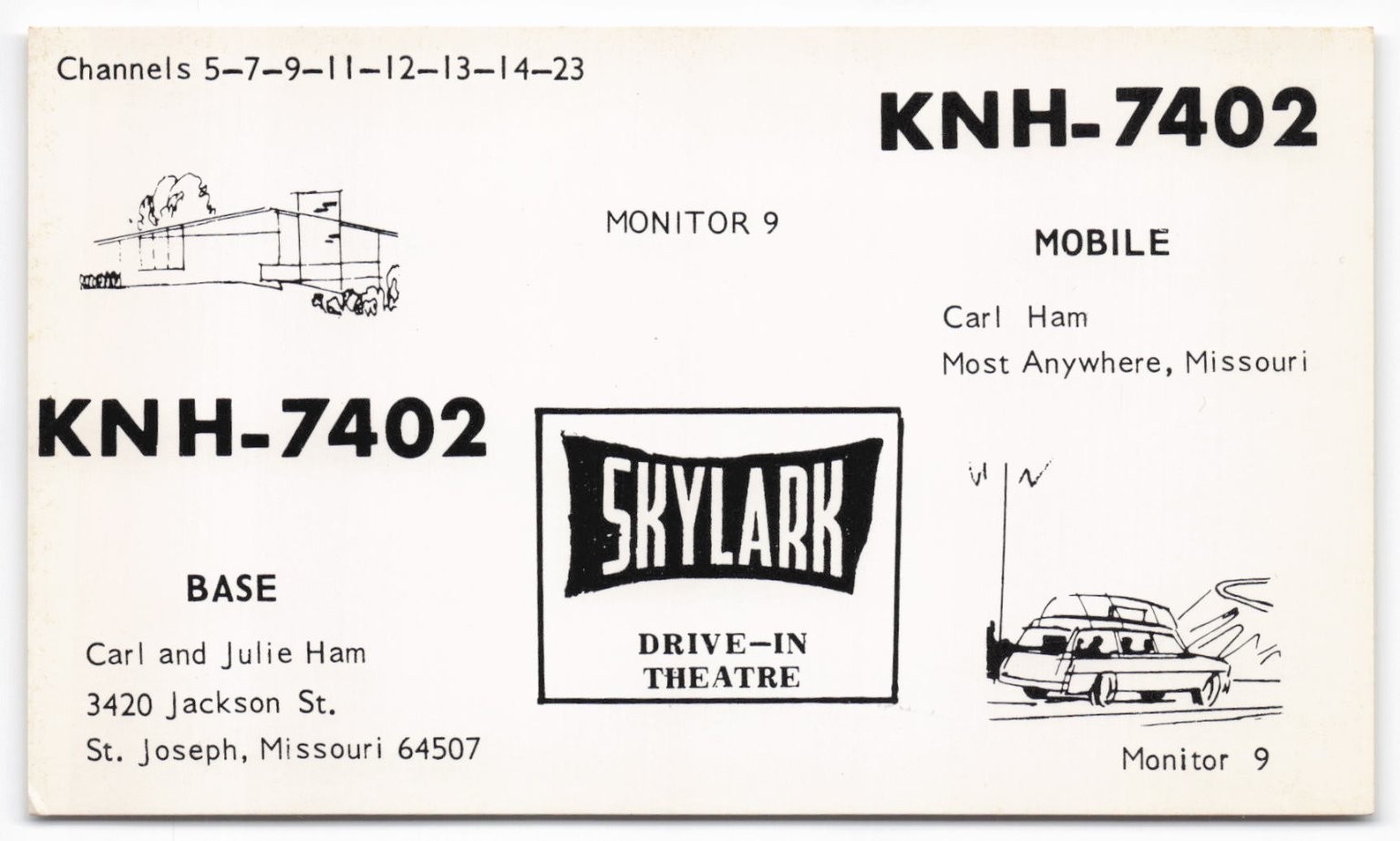Vintage KNH-7402 CB Radio QSL Card St. Joseph MO Skylark Drive-In Theatre