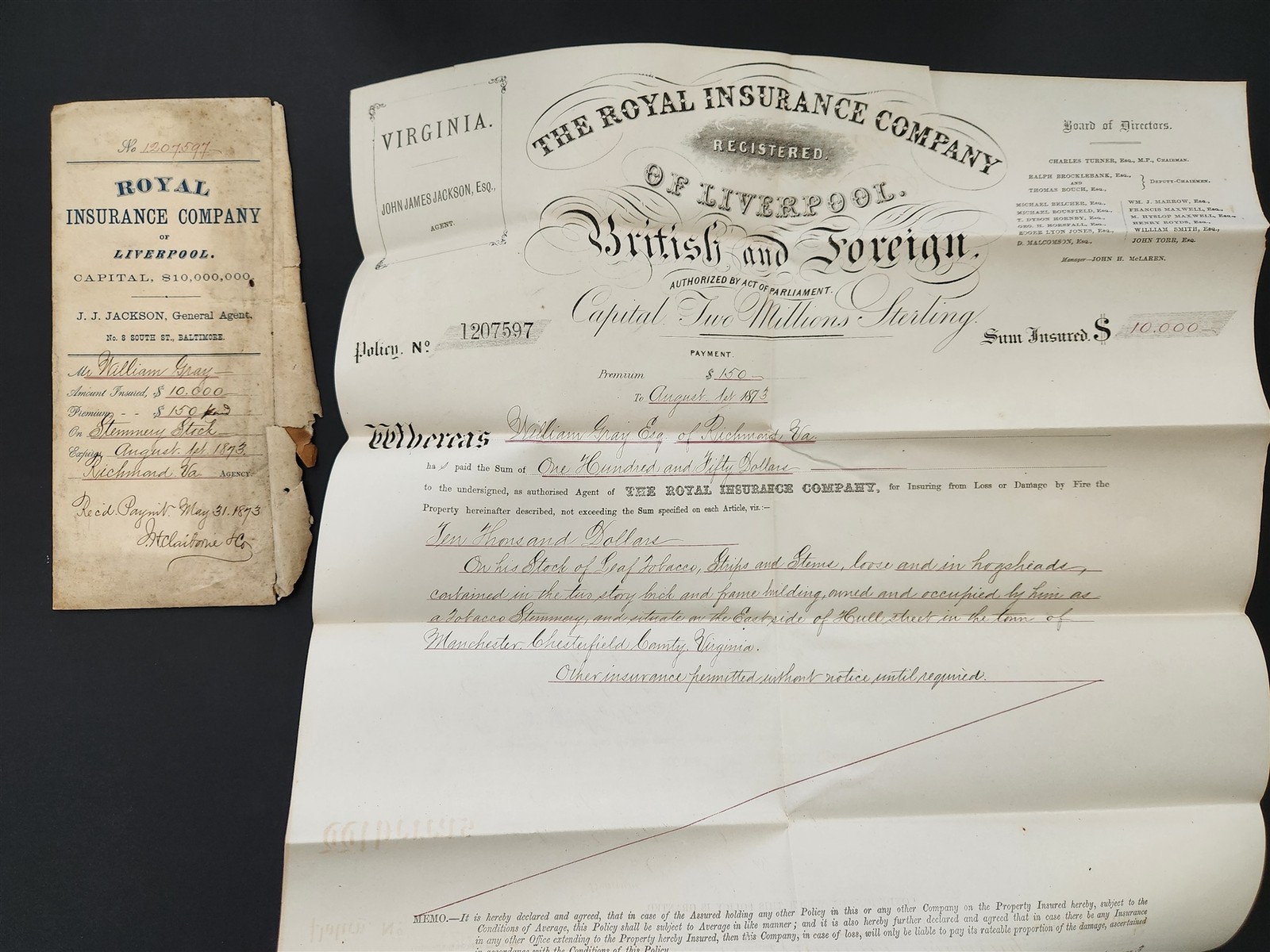 1873 antique FIRE INSURANCE POLICY manchester chesterfield va WM GRAY TOBACCO