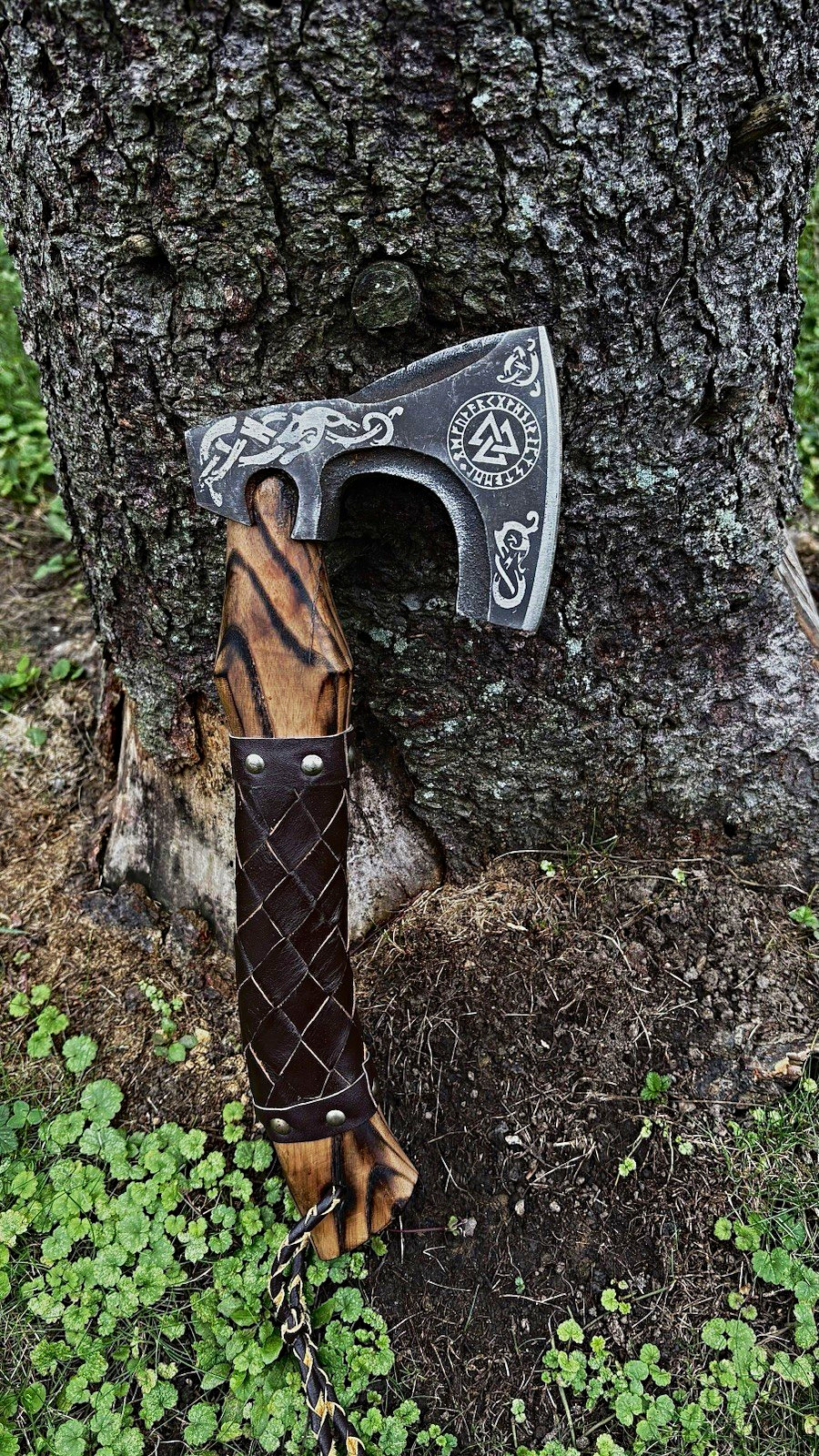 Custom Engraved Axe from Norway / Warped Wood Handle and Leather Sheath