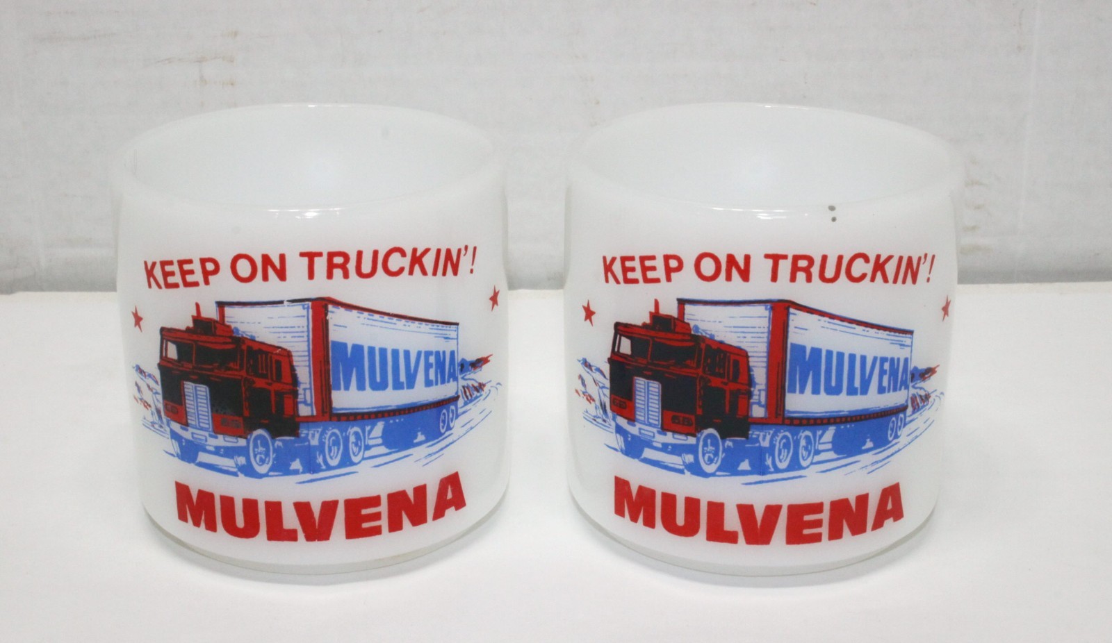2 Vntg  MULVENA TRUCKING Milk Glass Coffee Cups Alpena Michigan Keep on Trucking