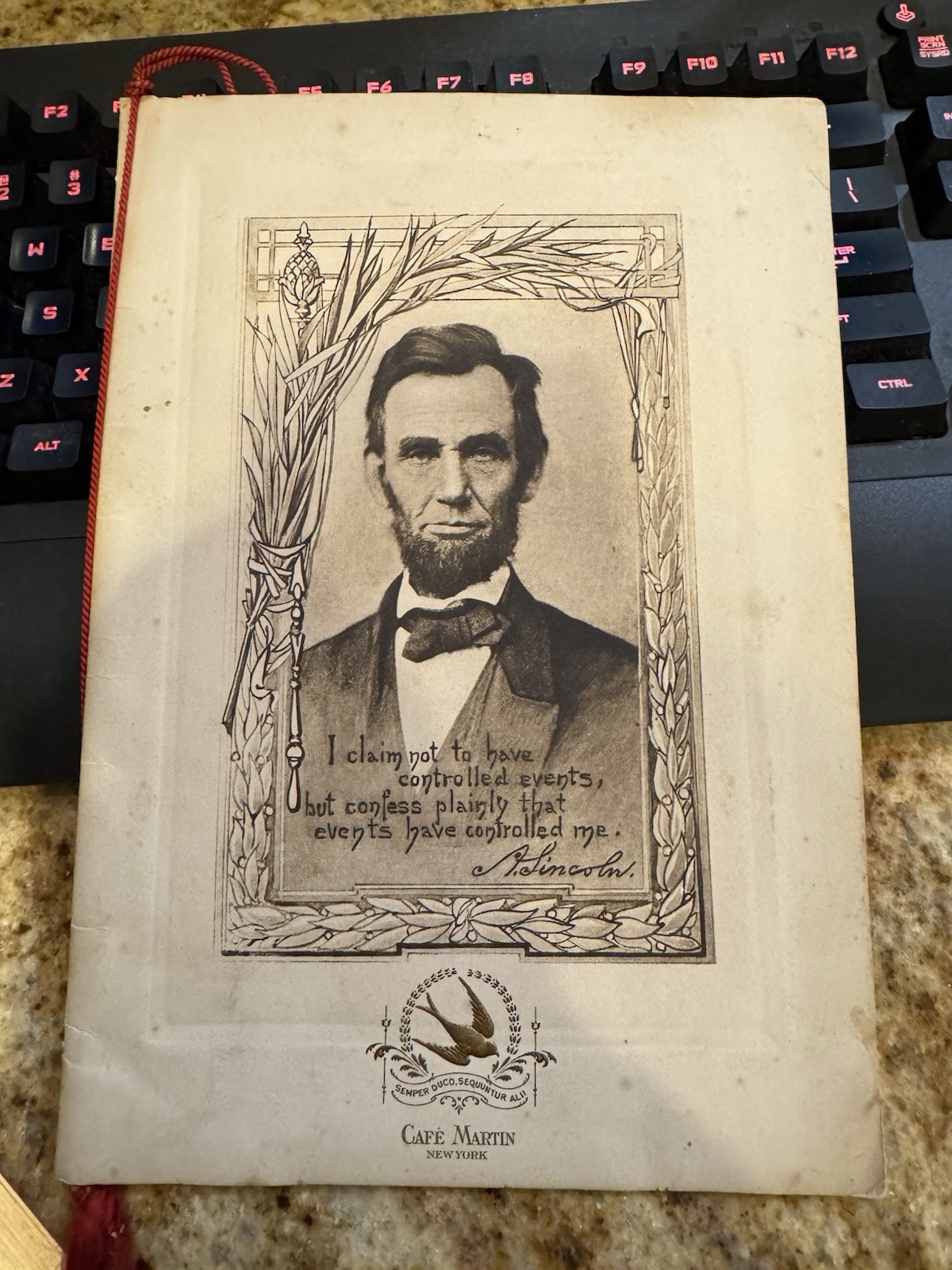 Rare VINTAGE CAFE MARTIN NEW YORK MENU FOR LINCOLN’S BIRTHDAY 1910