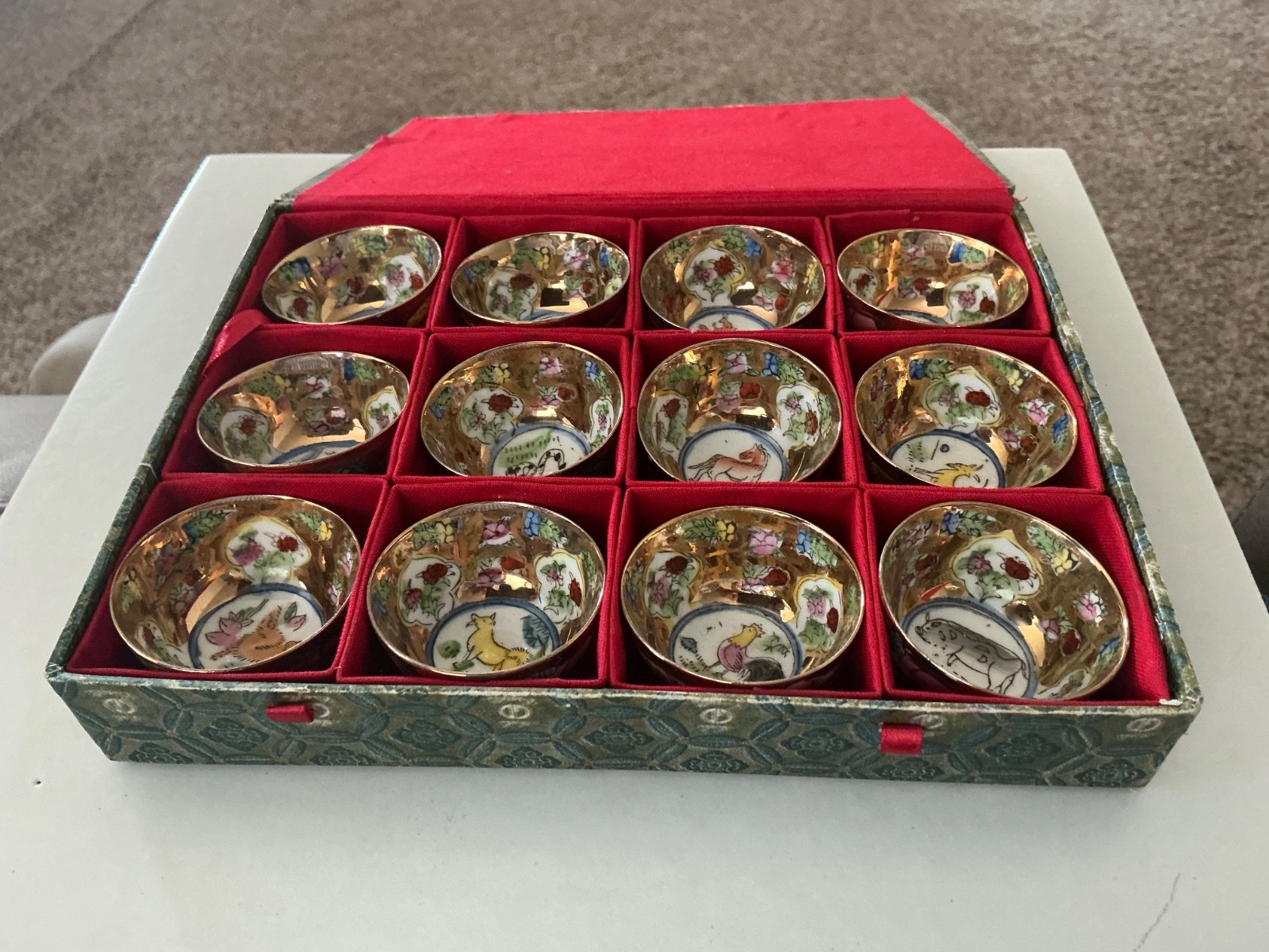 Vintage Chinese Zodiac Mille Fleurs Teacup Sake Set 12pc In Presentation Box Vintage Chinese Zodiac Mille Fleurs Teacup Sake Set 12pc In Presentation Box