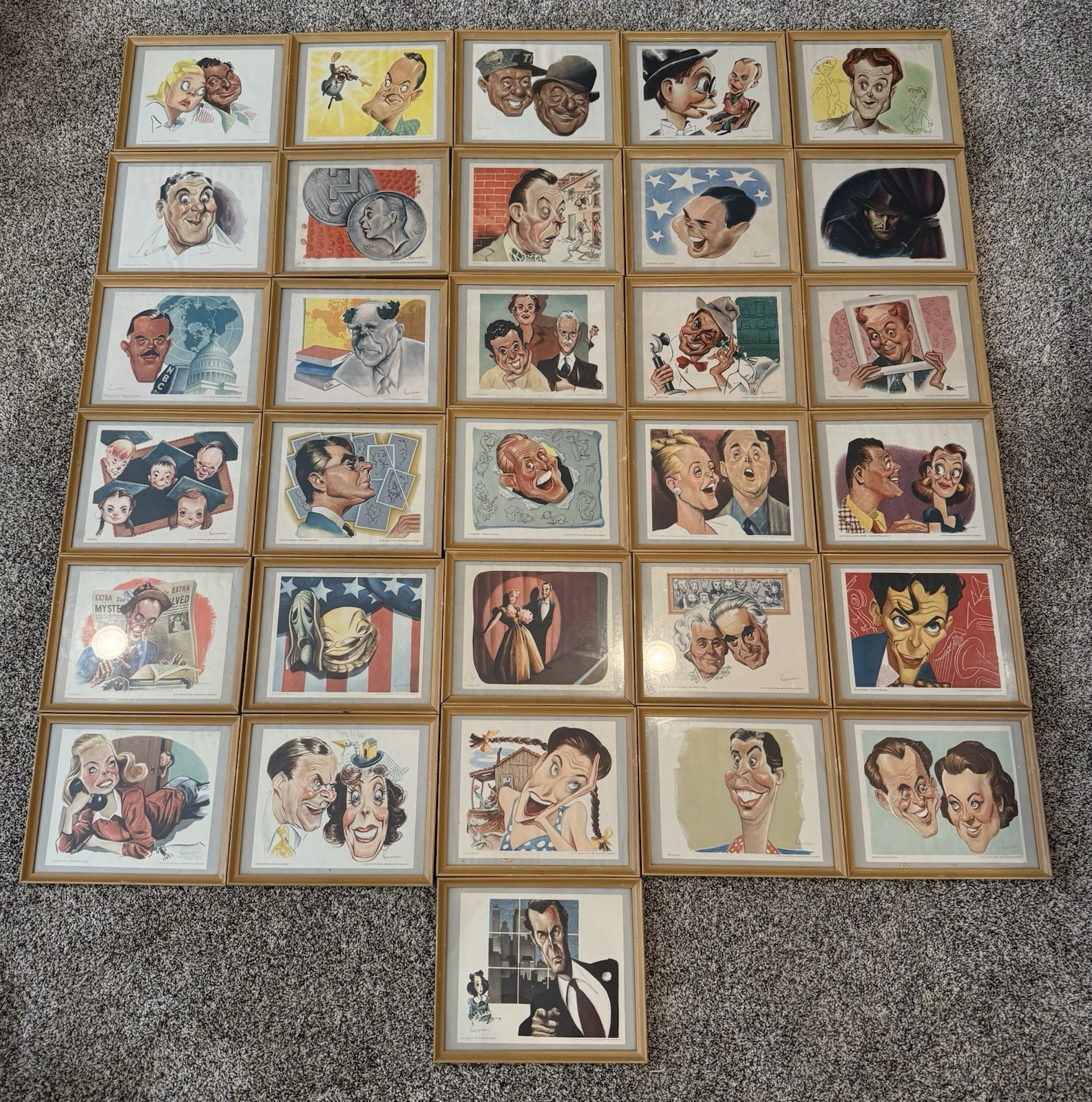 1947 NBC Parade Stars Radio City Framed Cards Caricatures Sam Berman Set Of 31