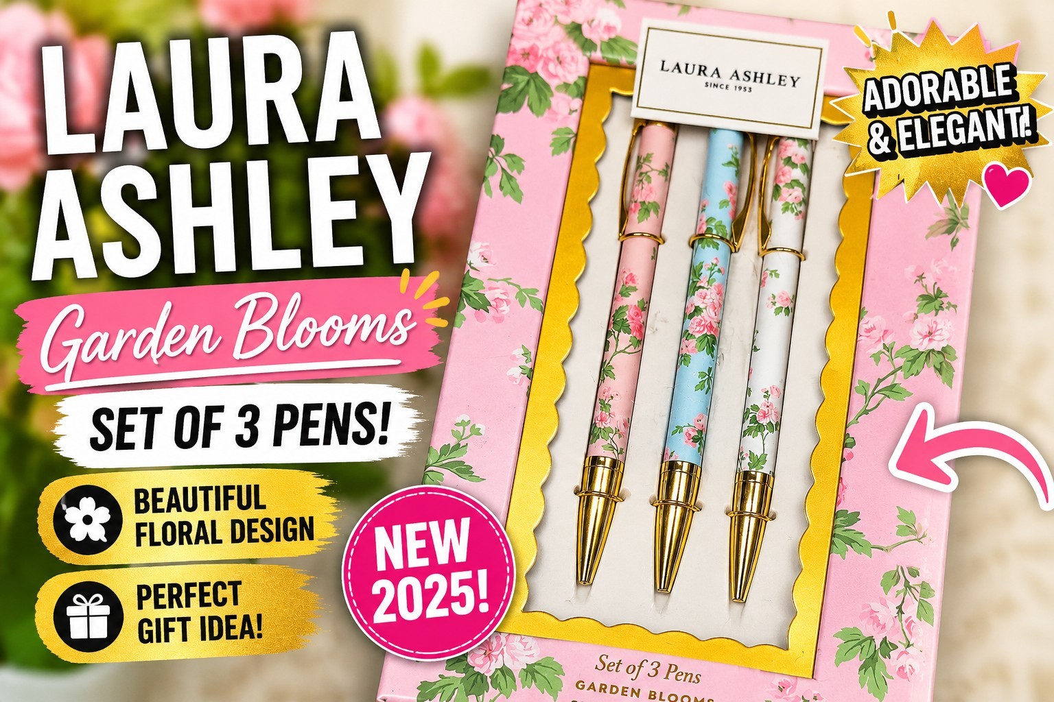 NEW Laura Ashley English Garden Pen Set of 3 Floral Gold-Accent Ballpoint NEW Laura Ashley English Garden Pen Set of 3 Floral Gold-Accent Ballpoint
