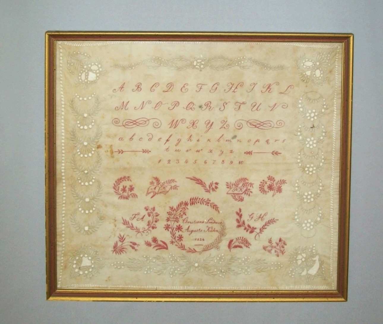 Rare Antique Vtg 19th C Dated 1824 Whitework Sampler With Red Alphabet Very Nice