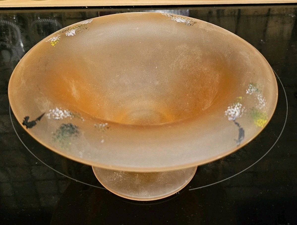Vintage Frosted Pink Satin Elegant Depression Glass Footed Painted Edge Bowl