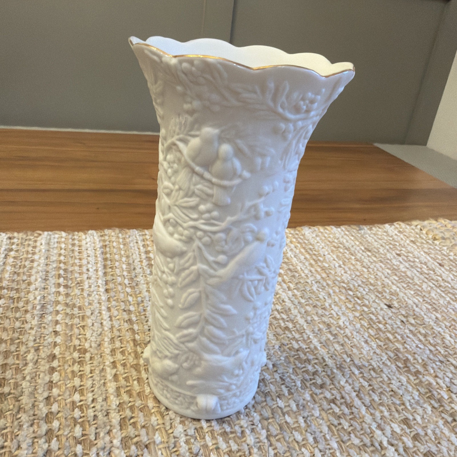 Vintge bisque ceramic Flower Vase Gold Trim Scalloped Rim Bird Forest Relief Art Vintge bisque ceramic Flower Vase Gold Trim Scalloped Rim Bird Forest Relief Art