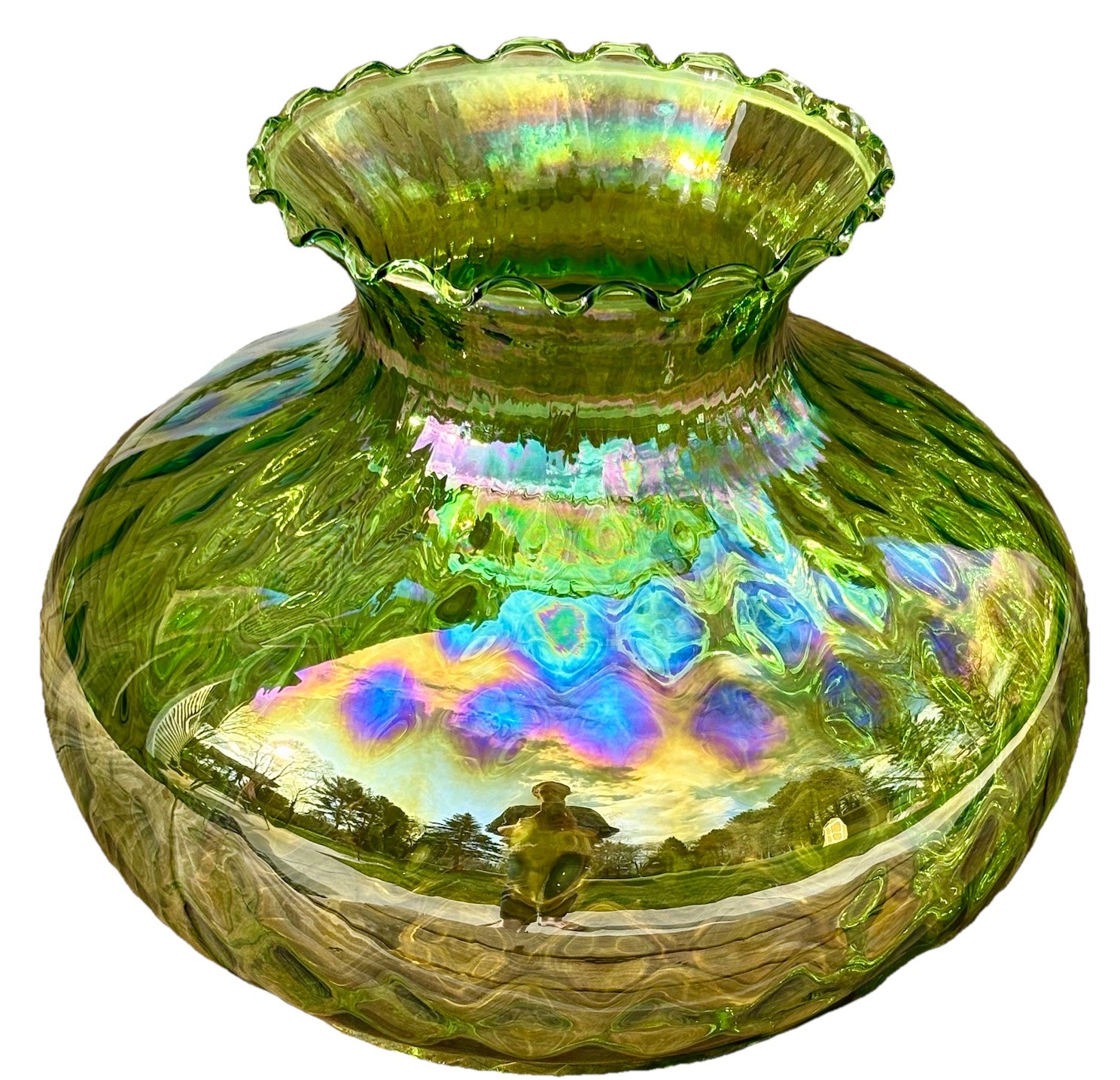 Vintage Falkenstein Iridescent Carnival Green Glass Lamp Shade With Ruffled Top