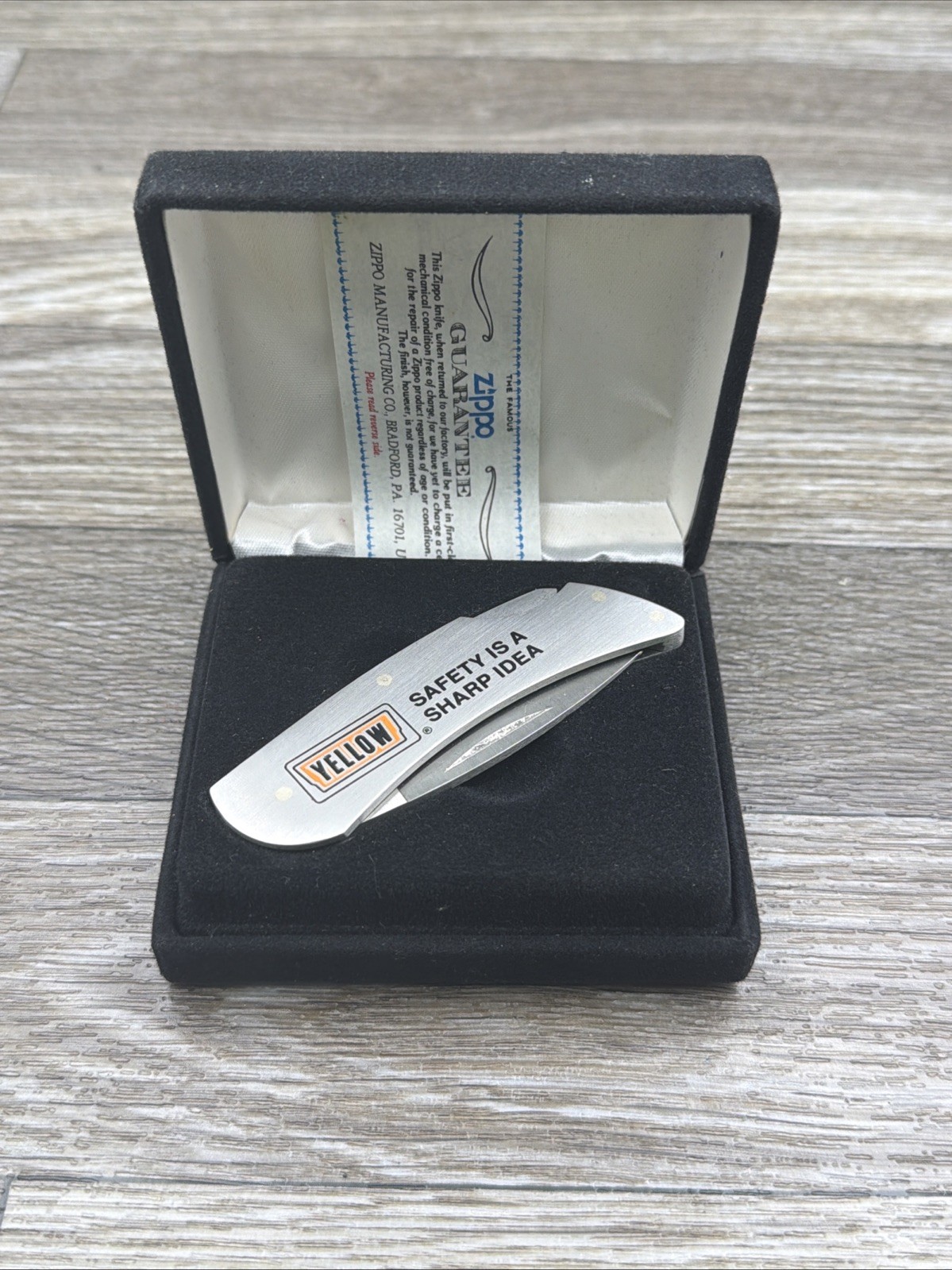 Vintage Zippo Stainless Steel Pocket Knife - In Case - Yellow Equip. Advertising