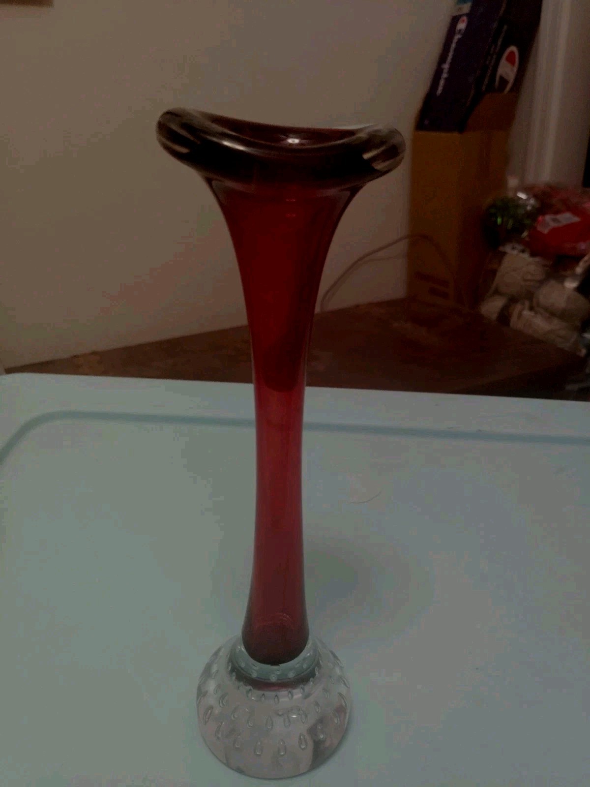 Vtg Aseda Glasbruk Sweden Art Glass Ruby Red Clear Bullicante Base Bud Vase 11”