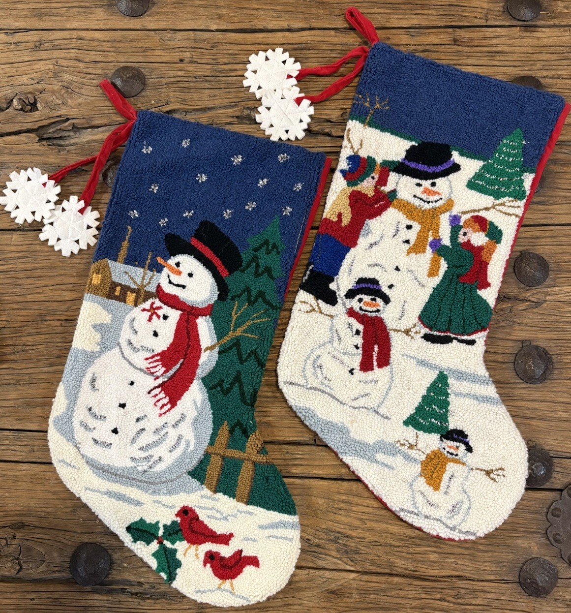 Vintage Hooked Wool Christmas Stockings Set 2 Snowmen Red Velvet Backing 18 In