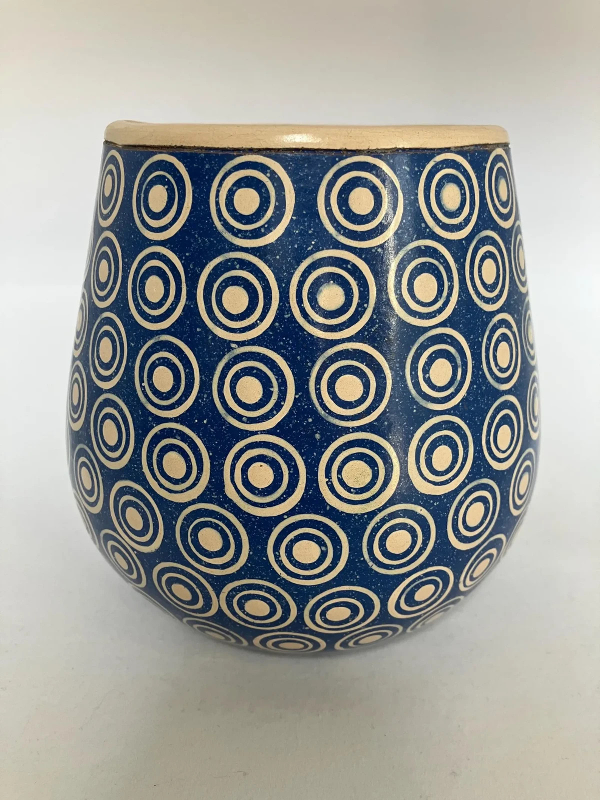 Vintage Handmade Blue Mexican Pottery Zinapecuaro Burnished Vase Dot Pattern