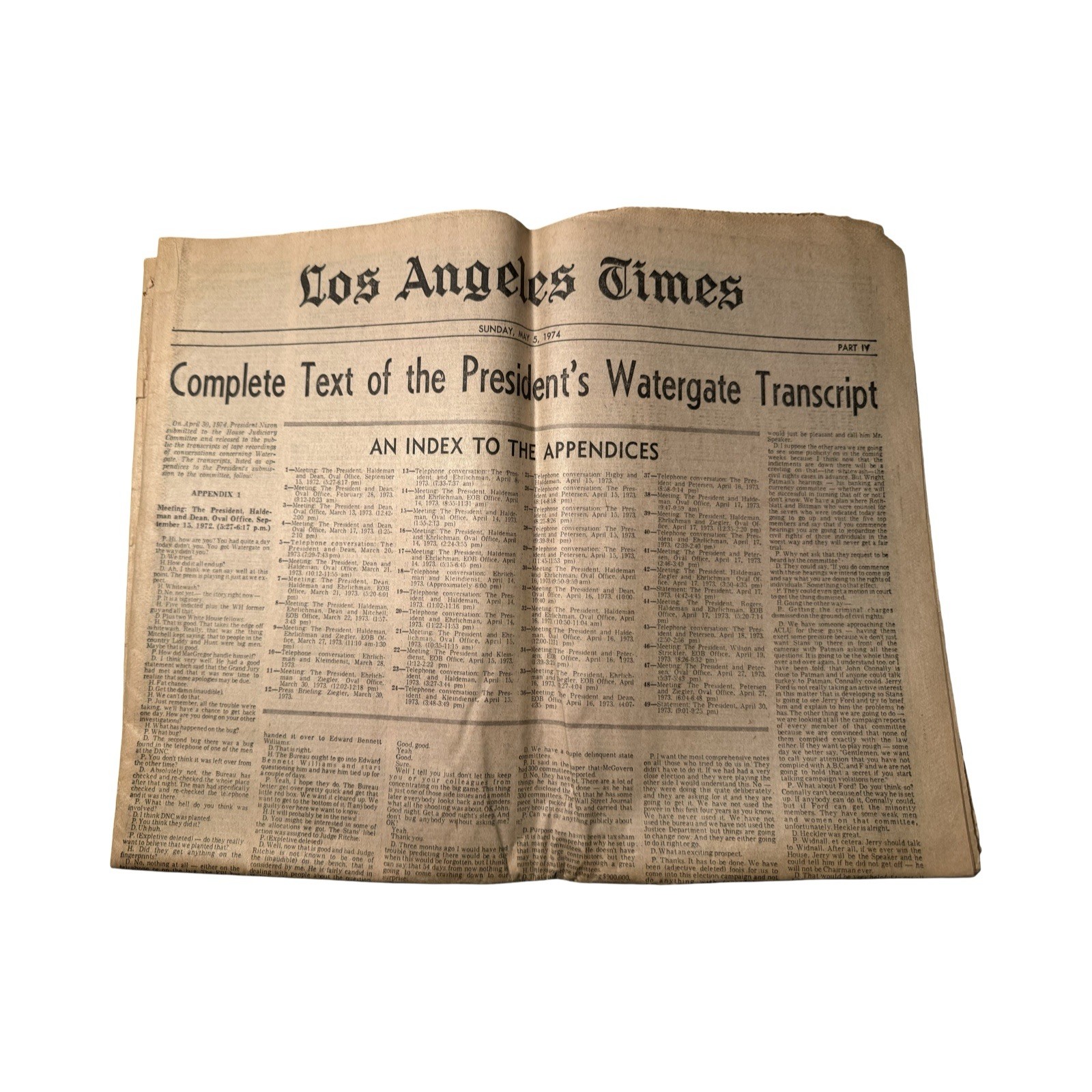 Vintage 1974 Los Angeles Times Watergate Transcript Newspaper Part IV