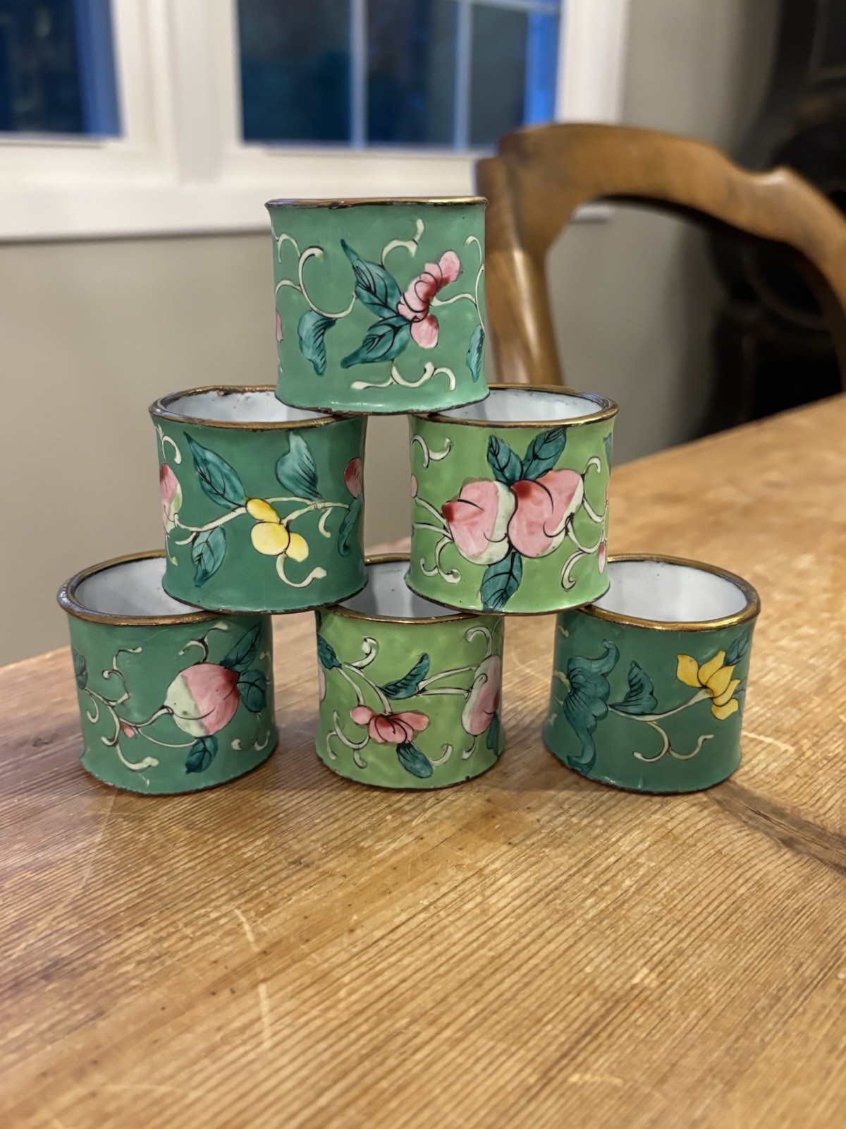 Vintage Chinese Handpainted Enamel Napkin Rings Set of 6 Green Floral MidCentury