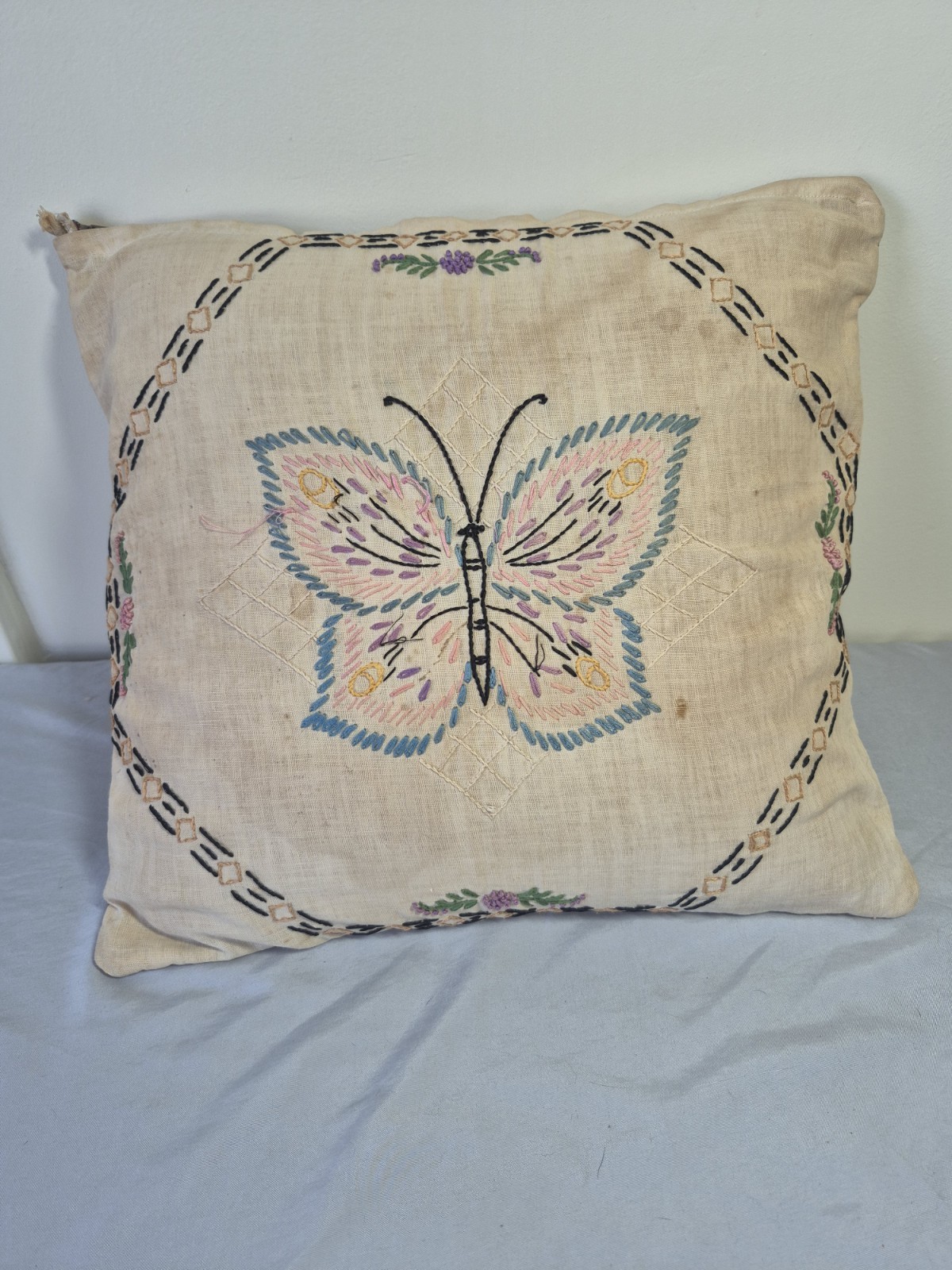 1930's Hand Embroidered Butterfly Floral Linen Accent Pillow VNT French Country 
