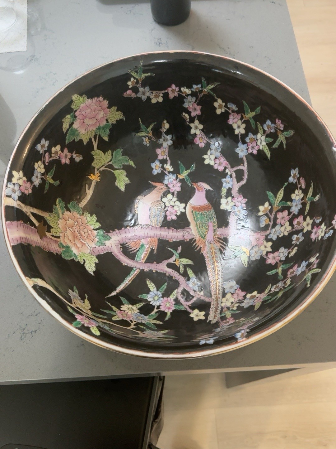 Large Vintage Chinese-Style Black Ground Bird & Floral Bowl Large Vintage Chinese-Style Black Ground Bird & Floral Bowl