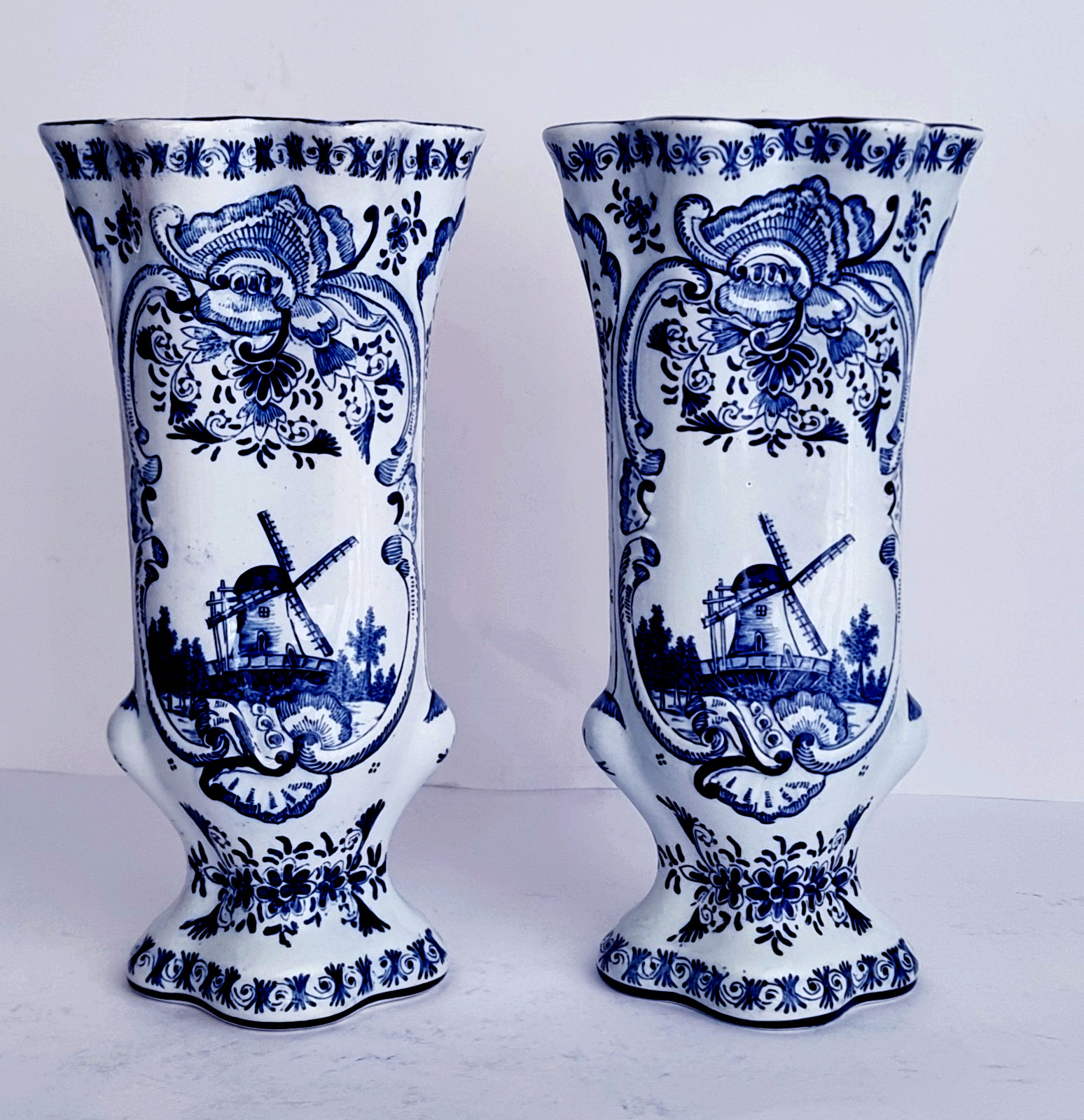 Antique DELFT BLUE & WHITE VASE PORCELAIN EMBOSSED ACCENTS - REGOUT MAASTRICHT