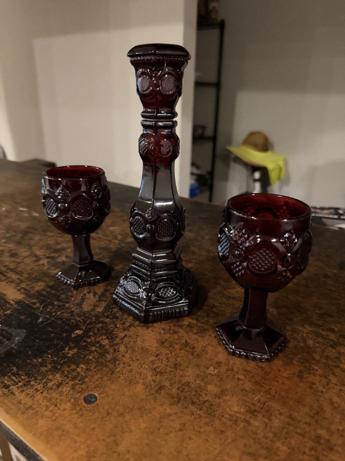 Avon 1876 Cape Cod Collection Red Embossed Glass Hexagonal Candleholder