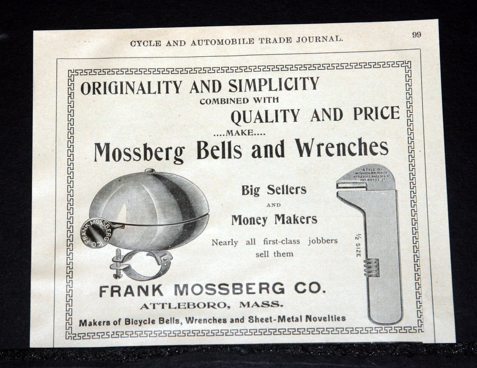 1900 OLD MAGAZINE PRINT AD, FRANK MOSSBERG CO, FOR BICYCLE BELLS AND WRENCHES