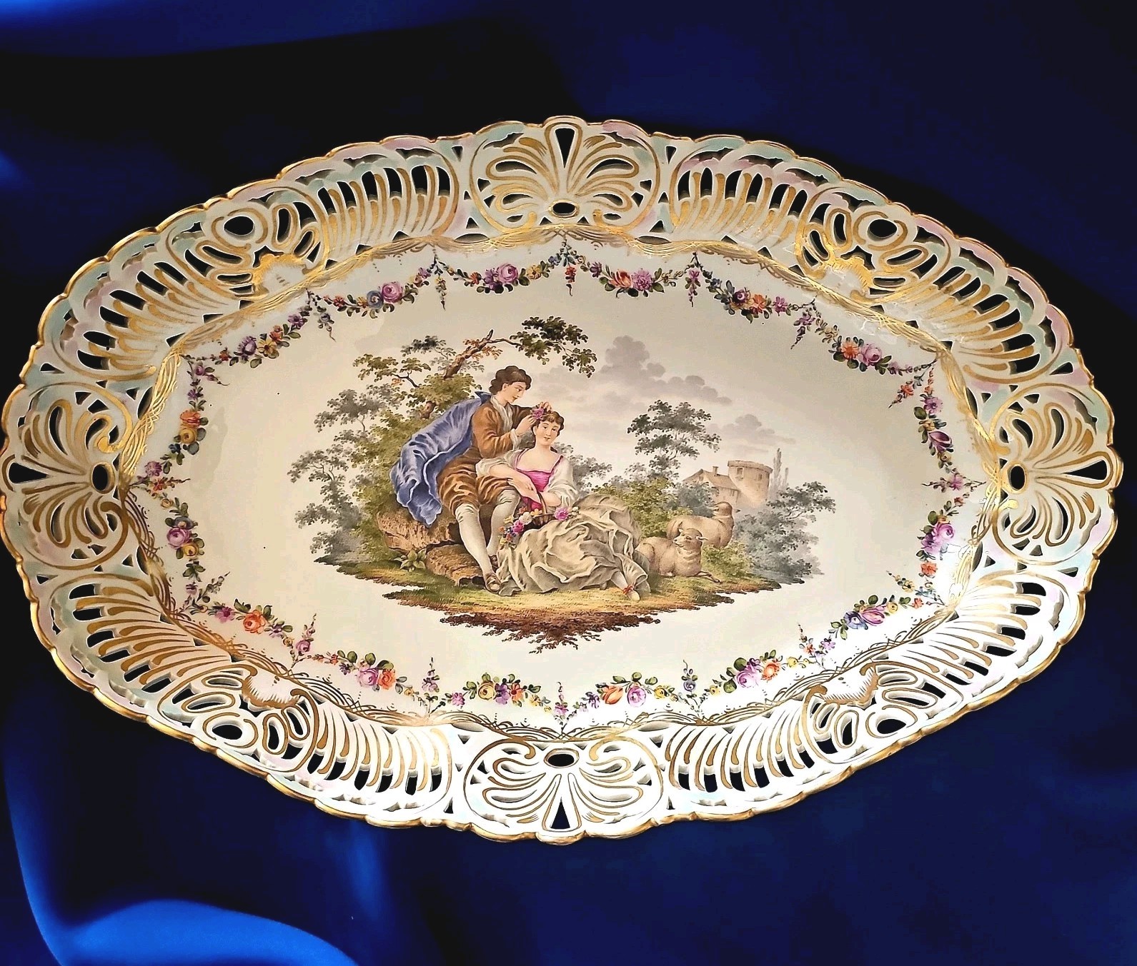 Antique Dresden Helena Wolfsohn H/Painted Reticulated Porcelain Platter 19