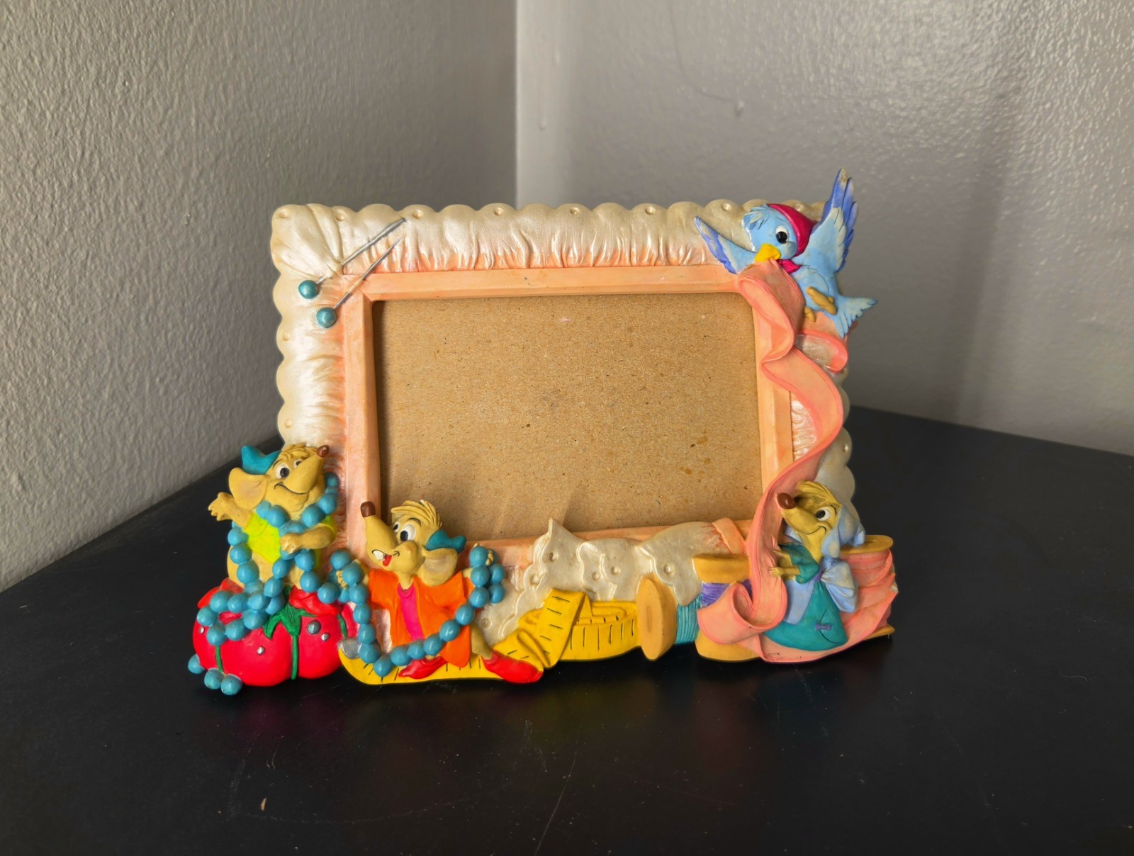 Vintage Disney Princess 3D Photo Frame Rare Cinderella Dress Making Jaq Gus Gus