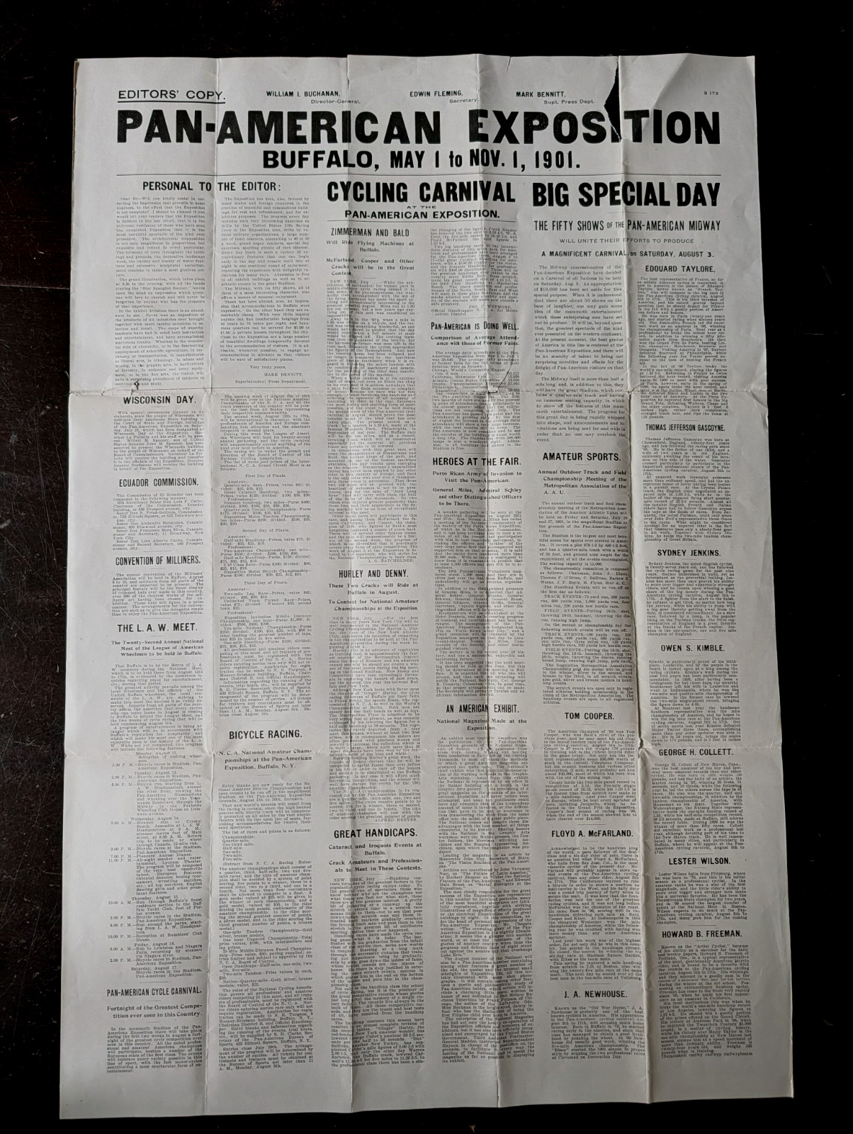1901 Pan American Expo Buffalo NY 17x25 Press Sheet  Bicycle Races / War Heroes