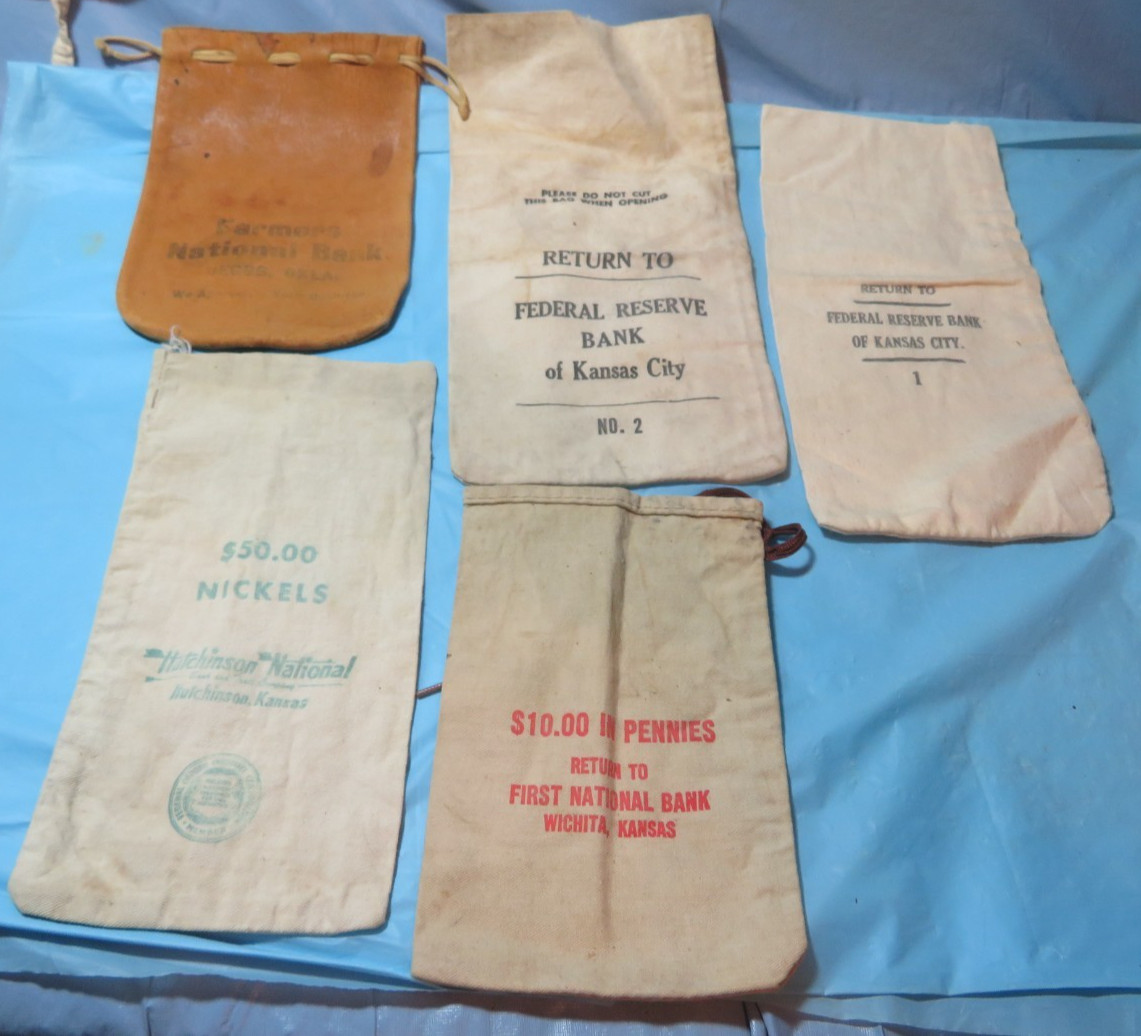 5 Vintage Bank/Coin Canvas & Leather Bags Empty Mixed Banks & Companies \