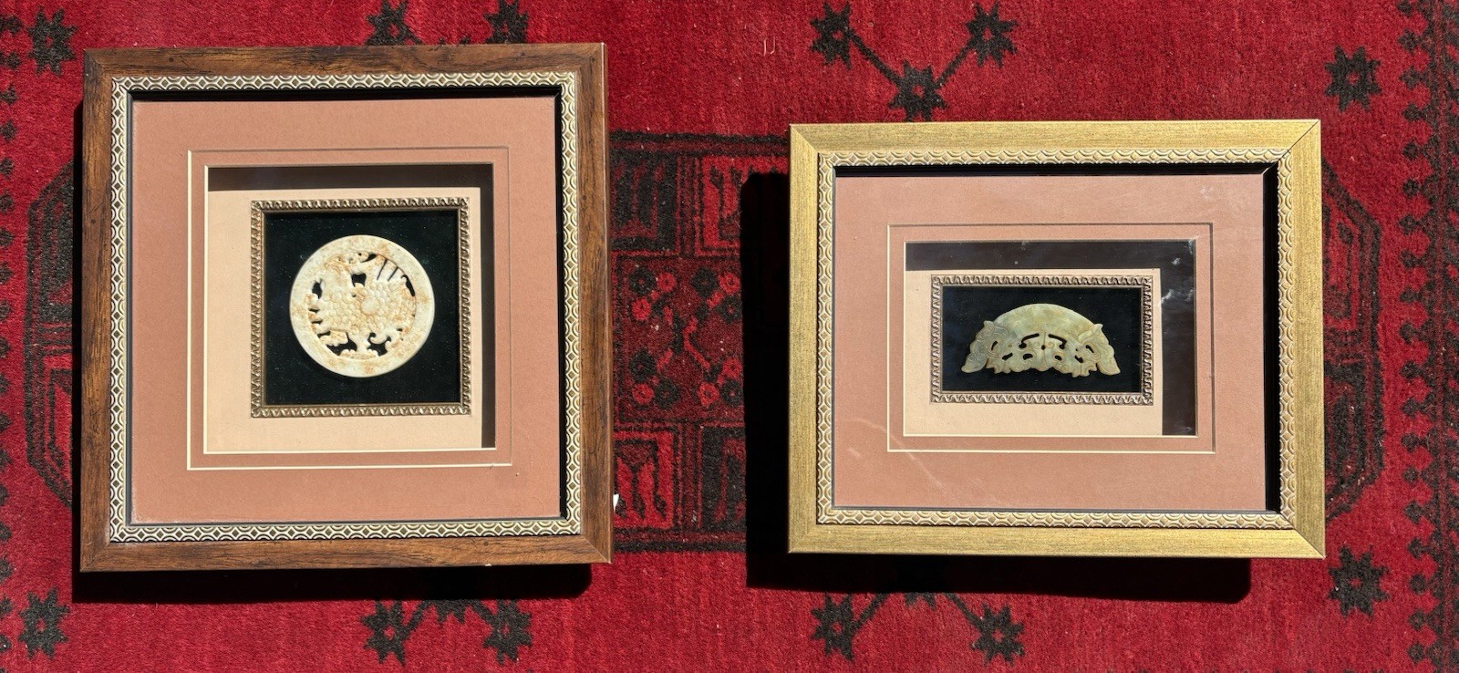 Pair of Framed Vintage Asian Carved Hardstone / Jadeite Plaque Art Displays