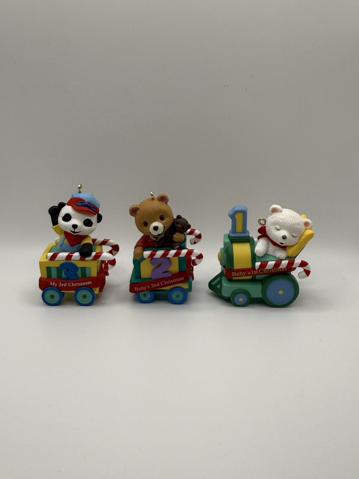 Hallmark Lot Of 3 Baby’s First Second Third Christmas Train Ornaments 1999-2000