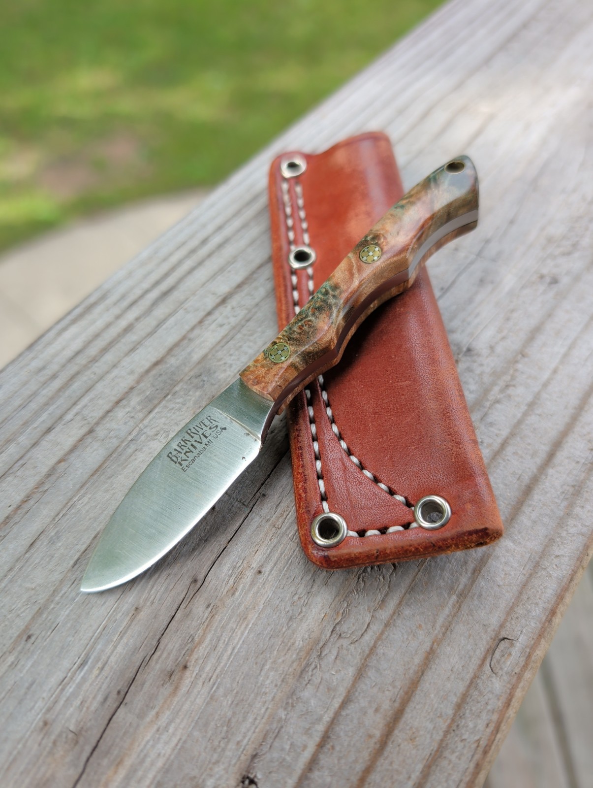 Bark River Mikro Canadian Green Maple Burl Brass Mosaic Bushcraft F Sheath AS-IS Bark River Mikro Canadian Green Maple Burl Brass Mosaic Bushcraft F Sheath AS-IS